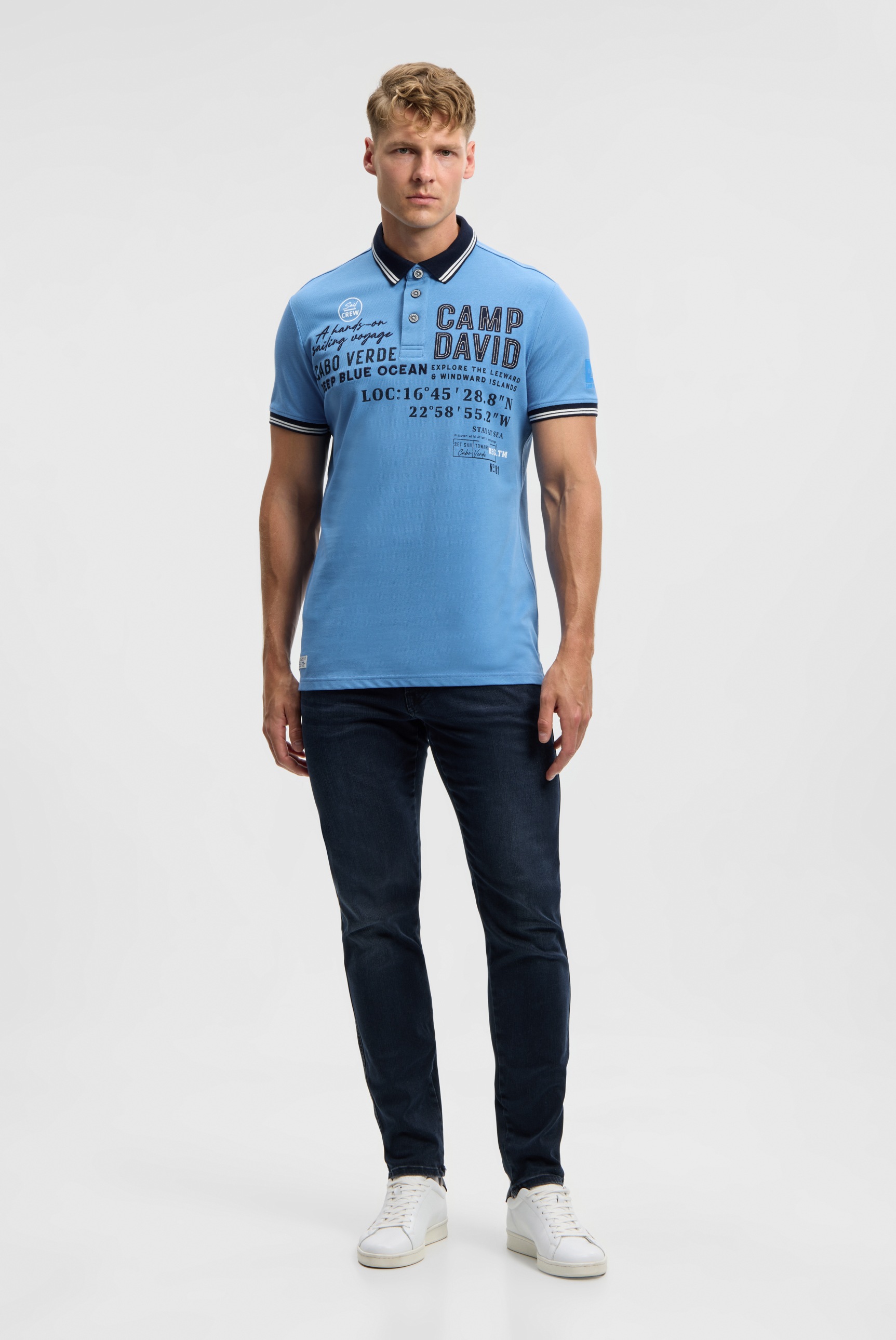 Poloshirt CAMP DAVID, Herren, Gr. 3XL, electric sky, Piqué, Material: 100% Baumwolle, bedruckt, bestickt, regular fit normal, hoch geschlossener Ausschnitt, eingesetzt Bündchen, Shirts, mit Seitenschlitze 2