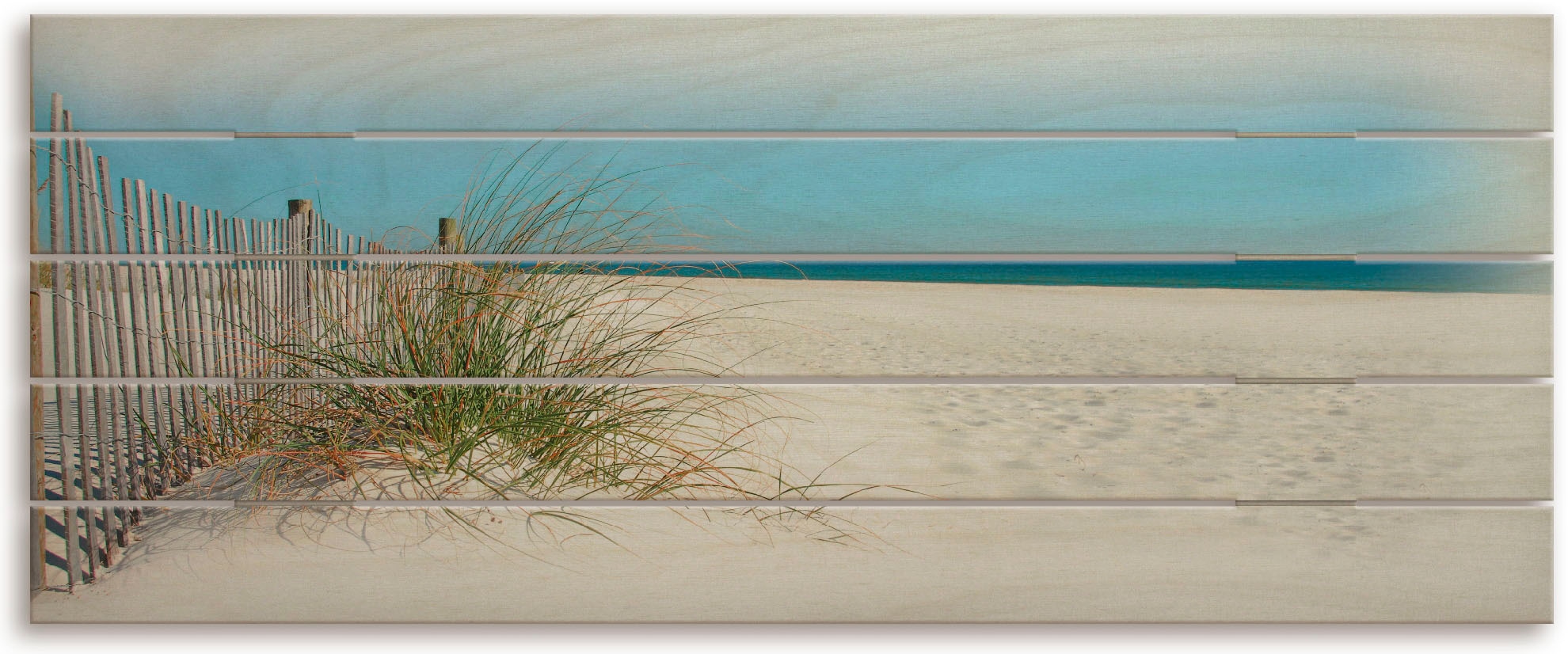 Artland Holzbild »Schöne Sanddüne mit Gräsern und Zaun«, Strandbilder, (1 St.)