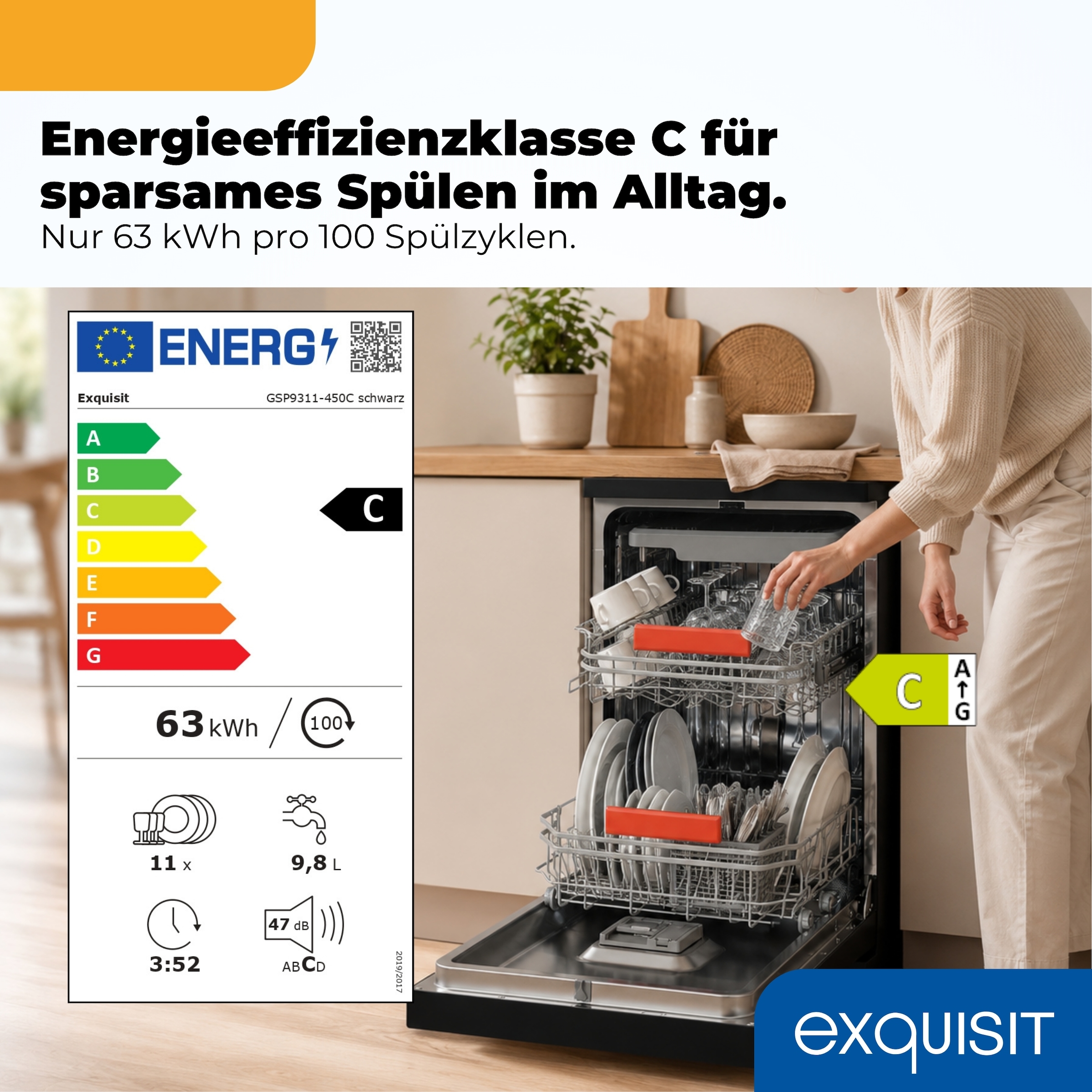 exquisit Standgeschirrspüler 9311 »GSP9311-450C schwarz« 9 l 10 tlg. Maßgedecke 10 Maßgedecke, LED, Besteckschublade, Auto Door Open, AquaStop