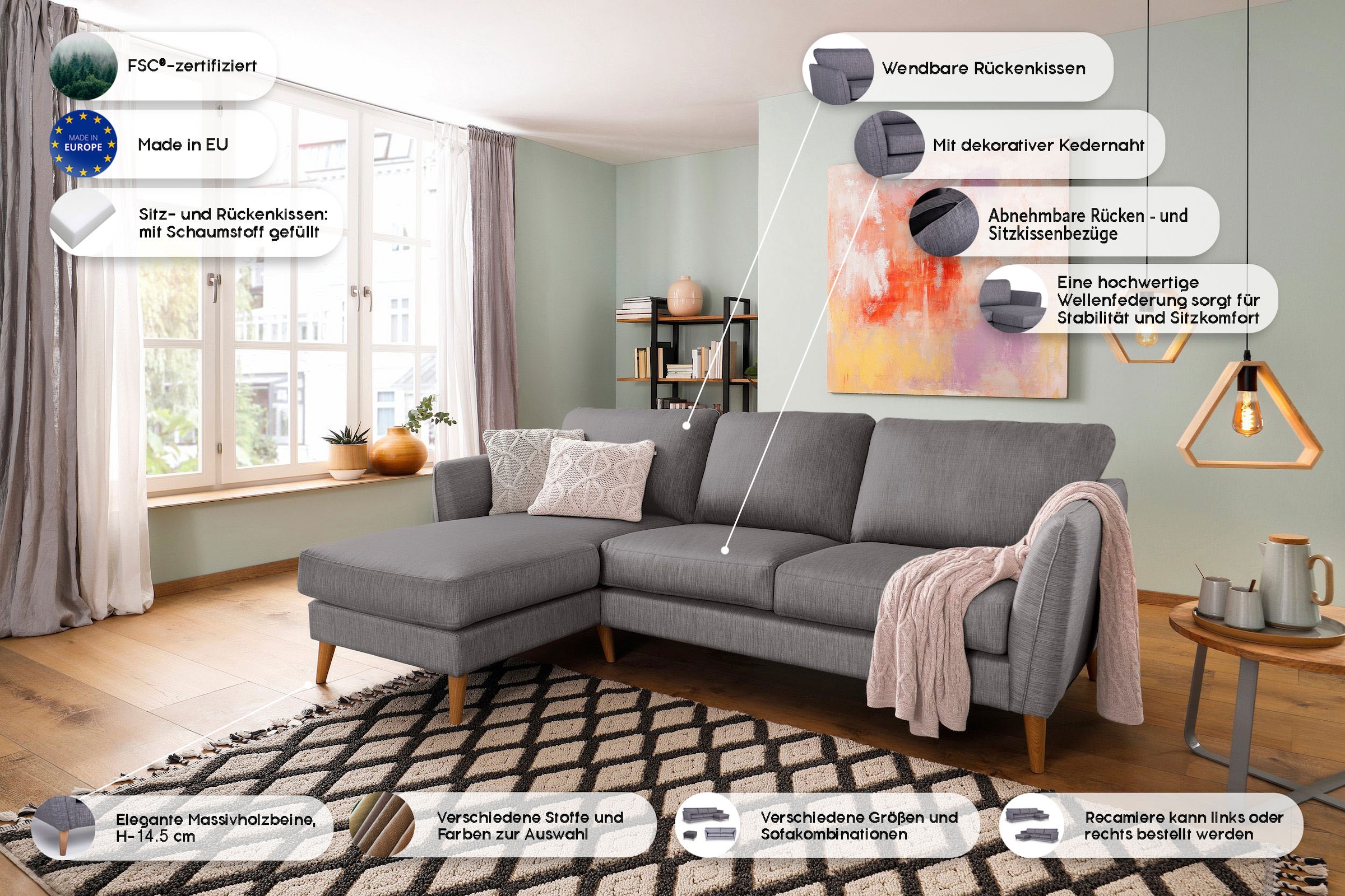 Home affaire Ecksofa »MARSEILLE (242/152cm),L-Form, Rec. rechts/links« Massivholzbeine Eiche, Landhausstil, Wellenunterfederung