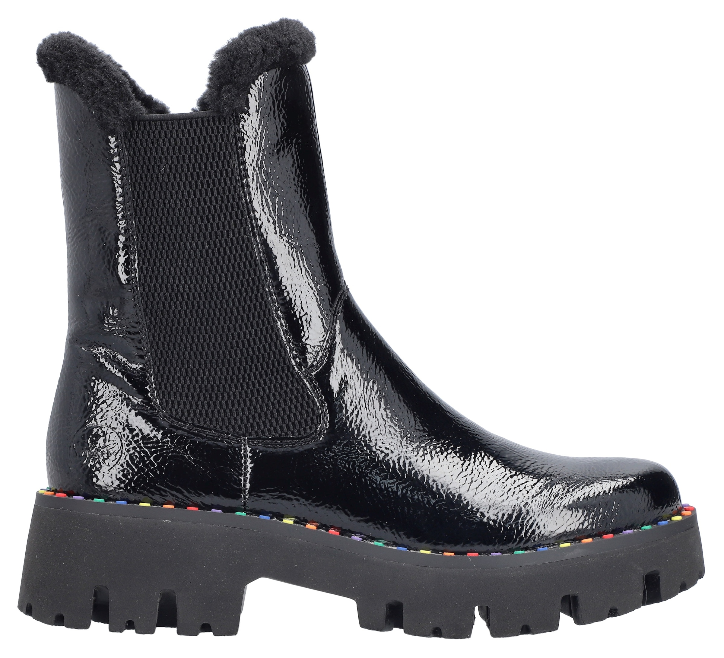 Rieker Winterstiefelette, Plateauboots, Winterboots, Lack-Stiefelette mit buntem Sohlenrand