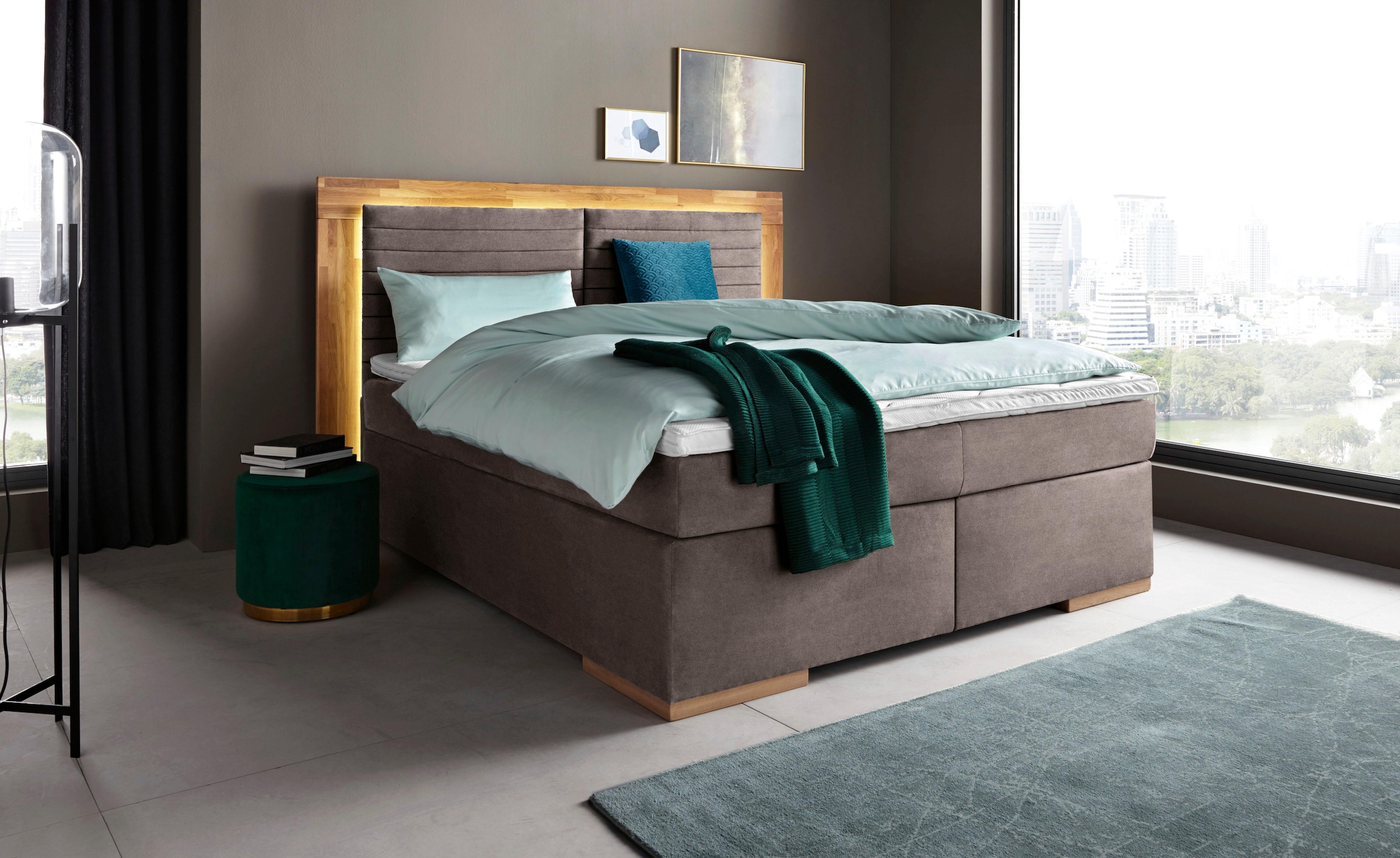 Boxspringbett HOME AFFAIRE "Cup", grau (charcoal), B:230cm L:206cm, Bezug: Luxus-Microfaser (100% Polyester);Bezug: Microfaser (100% Polyester), Komplettbetten, Boxspringbett, mit LED-Beleuchtung, Massivholzrahmen und Topper, in 2 Härtegraden 4