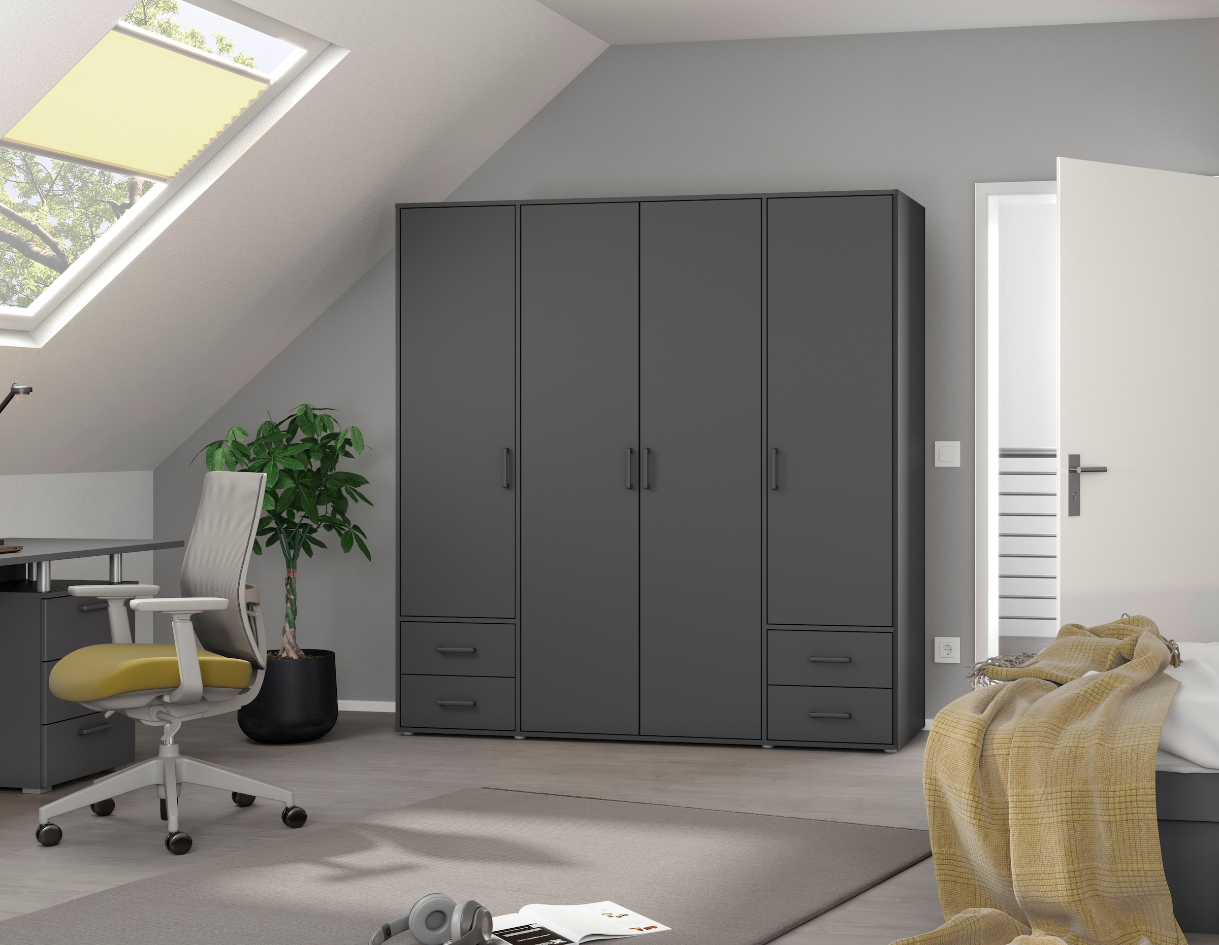 rauch Drehtürenschrank »Kleiderschrank Schrank Garderobe Wäscheschrank VOYAGER«, (in 3 verschiedenen Ausstattungen BASIC/CLASSIC/PREMIUM), moderne Griffe in Graumetallic mit Außenschubkästen MADE IN GERMANY