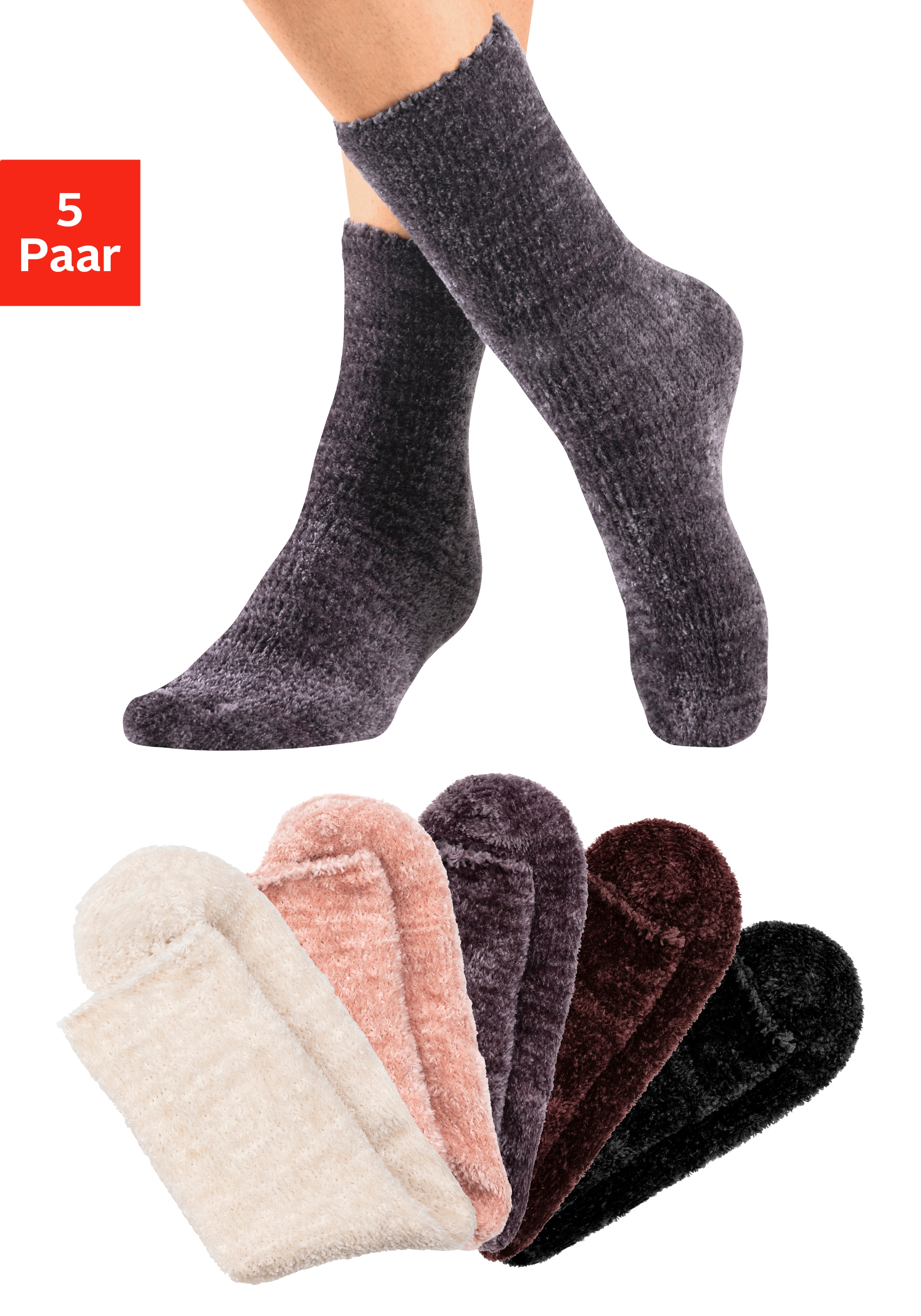 Lavana Kuschelsocken "Flauschige, Kuschel Schlafsocken, Haussocken" Packung, 5 Stk. tlg. Bettsocken aus weichem, leicht glänzendem Chenillegarn