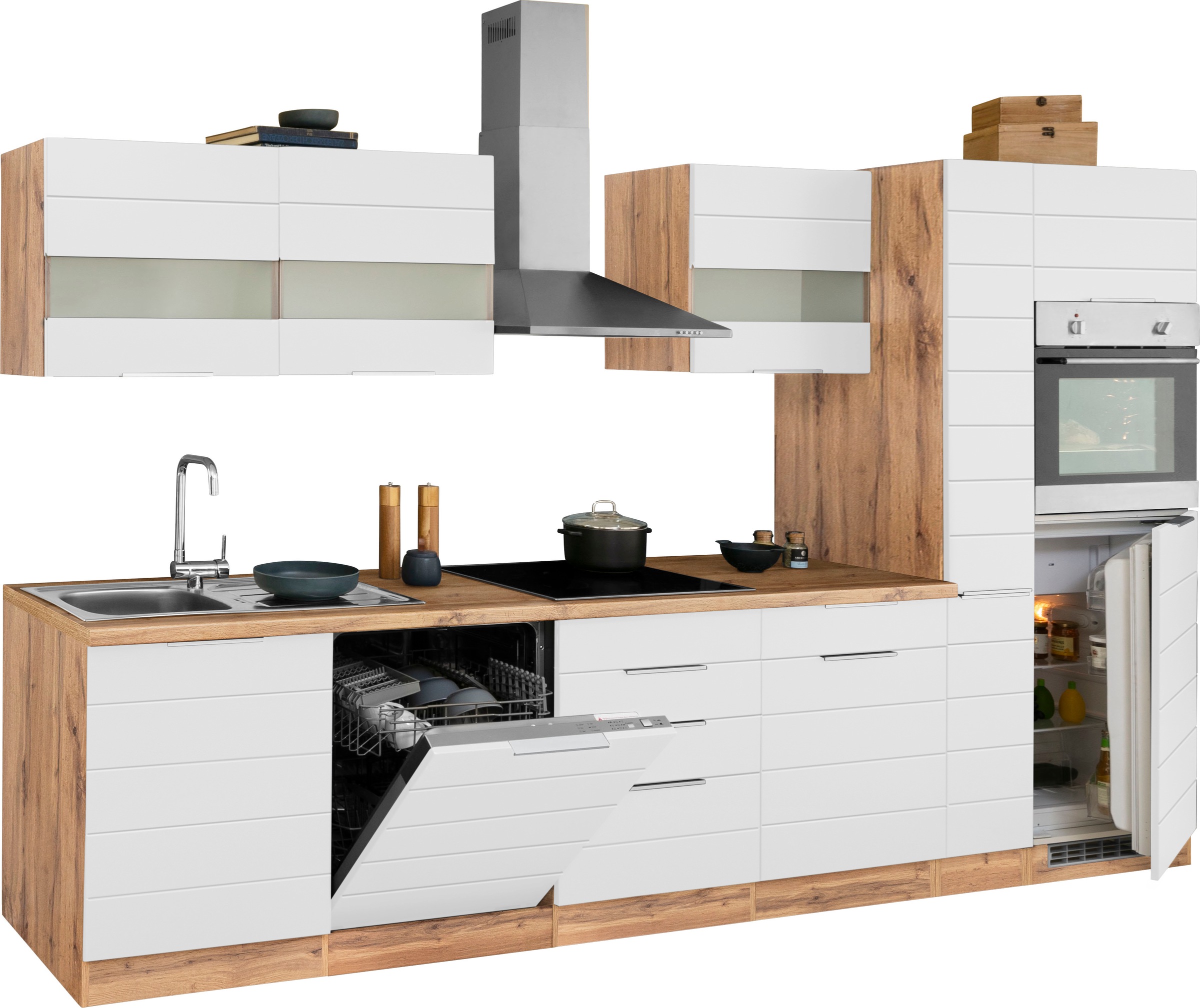 Kochstation Küche »KS-Luhe«, 330 cm breit, wahlweise mit oder ohne E-Geräten, gefräste MDF-Fronten