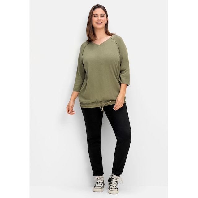 Größen«, T-Shirt Sheego | bestellen mit aus BAUR für gesmoktem »Große Saumbund Leinen-Mix,