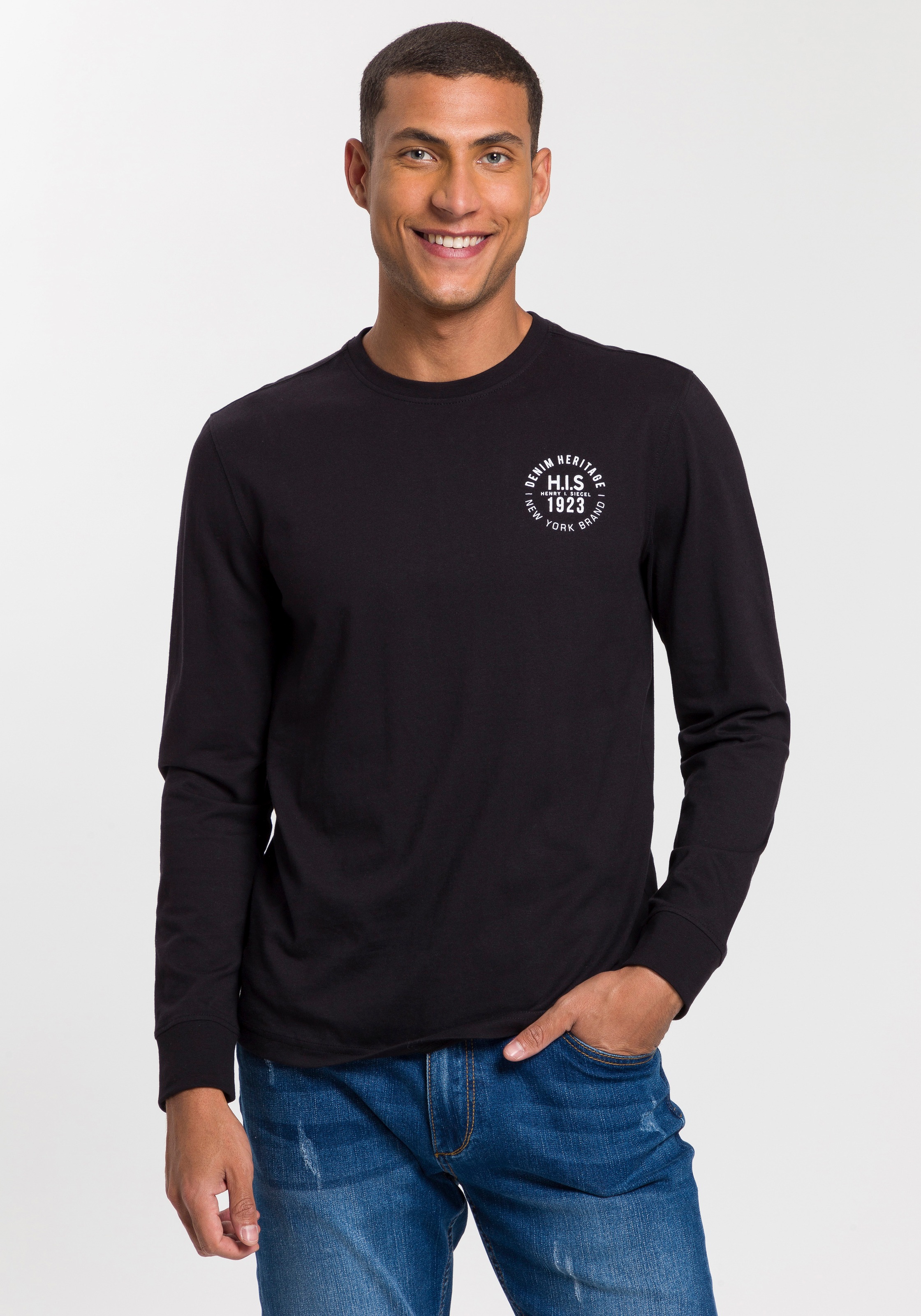 Thumbnail - H.I.S Langarmshirt Packung, 2er-Pack, 2 Stk. Langarm, bedruckt, Rundhalsausschnitt, aus 100% Baumwolle