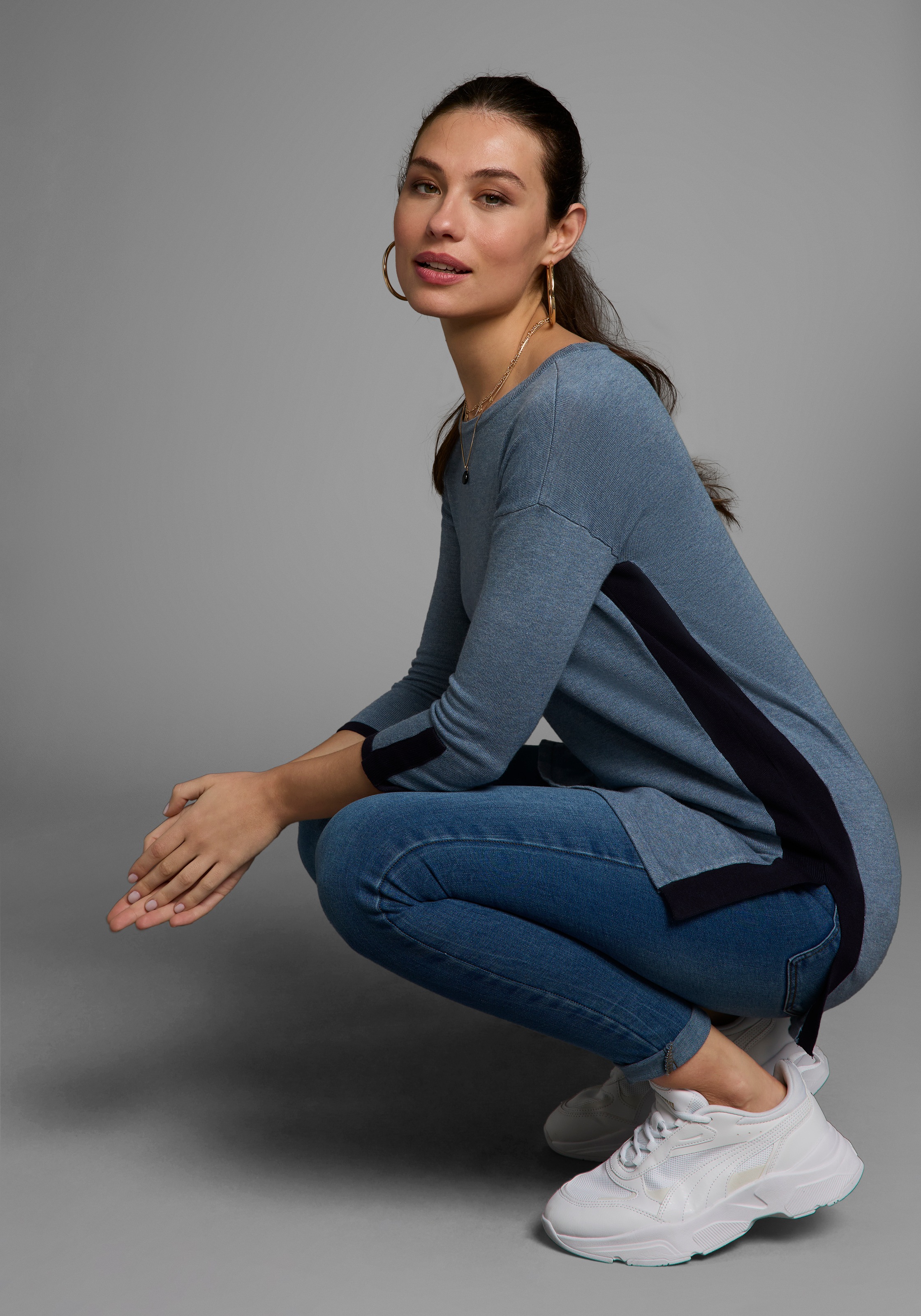 Laura Scott Longpullover, mit feinen Kontrastdetails und Seitenschlitz günstig online kaufen