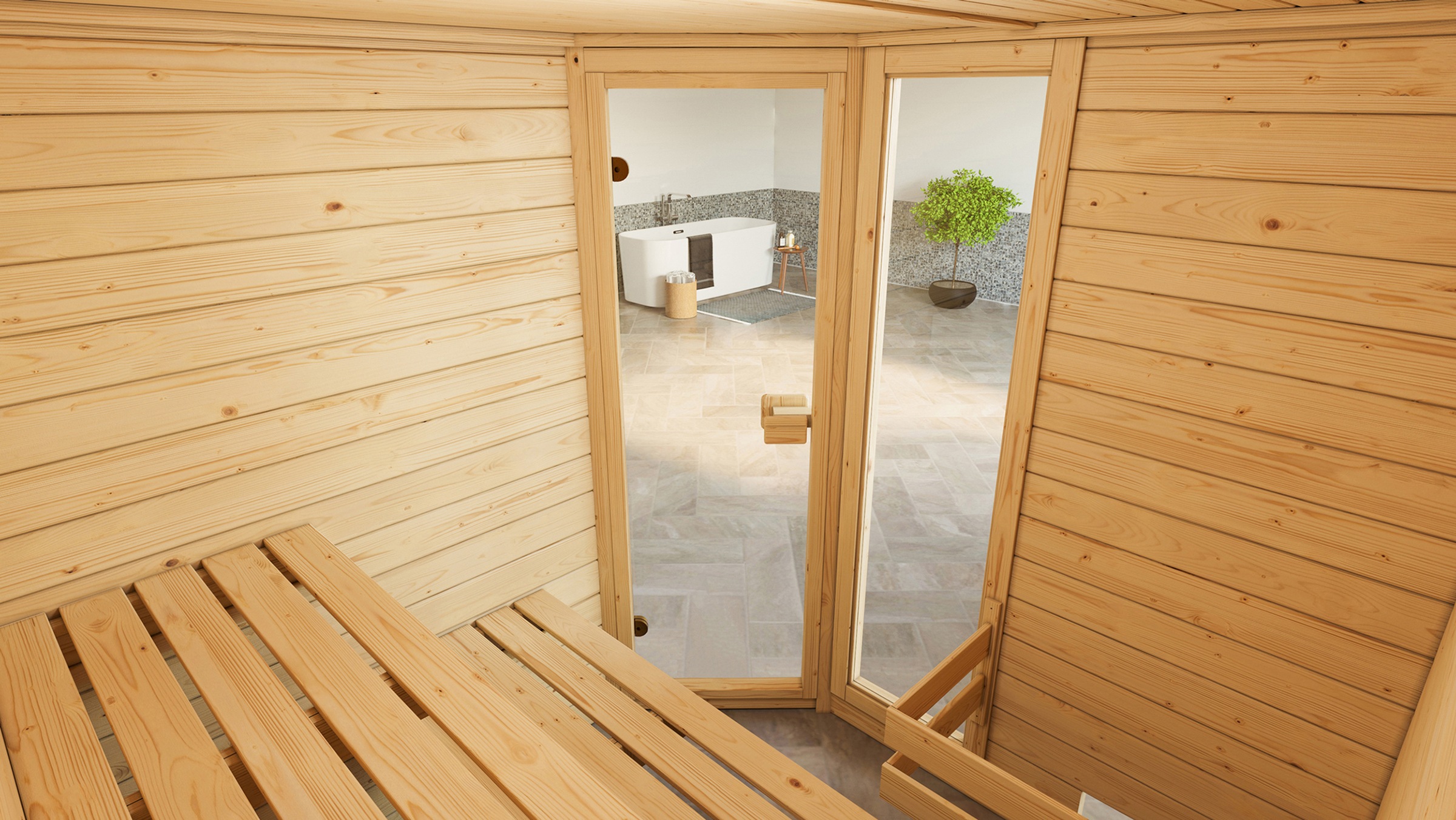 weka Sauna »Massivholzsauna VALIDA Eck 2«, Blockbohlen, Fensterelement, moderne Ganzglastür