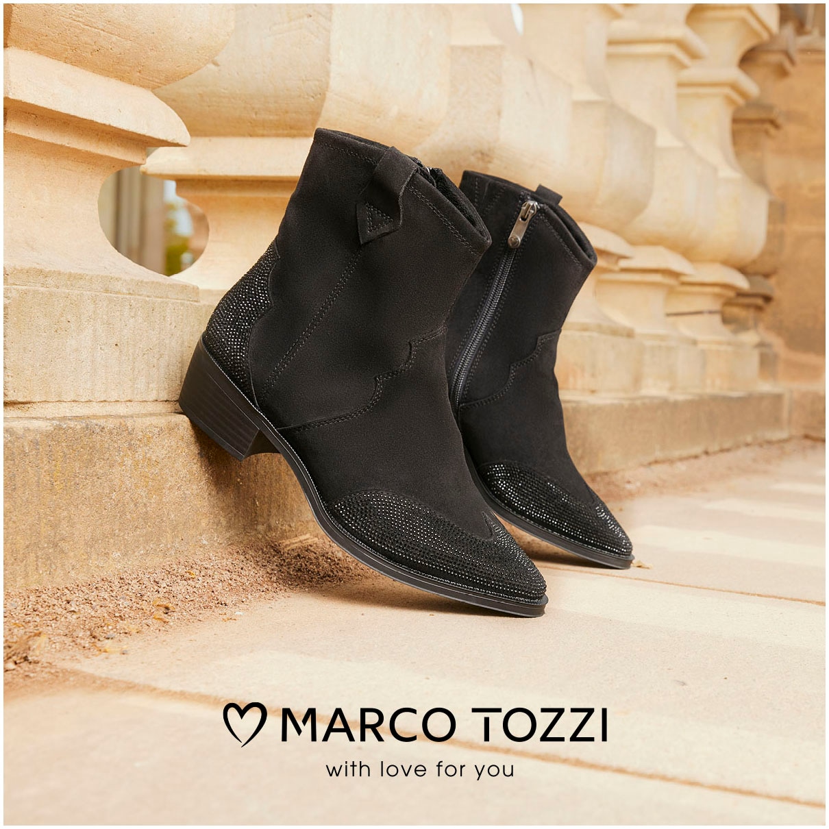 MARCO TOZZI Westernstiefelette, Blockabsatz, Cowboy Stiefelette, Boots, funkelnde Glitzersteinchen