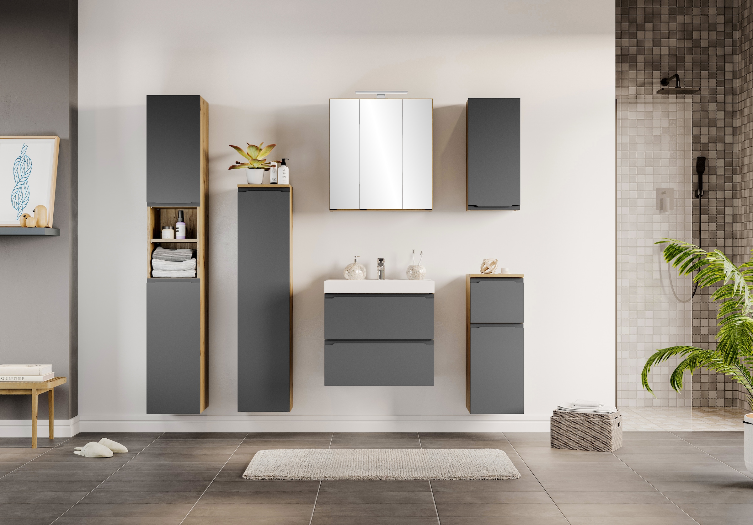 welltime Midischrank »CABO, gedämpfte Scharniere« matt grau, griffloses Design, reversibel