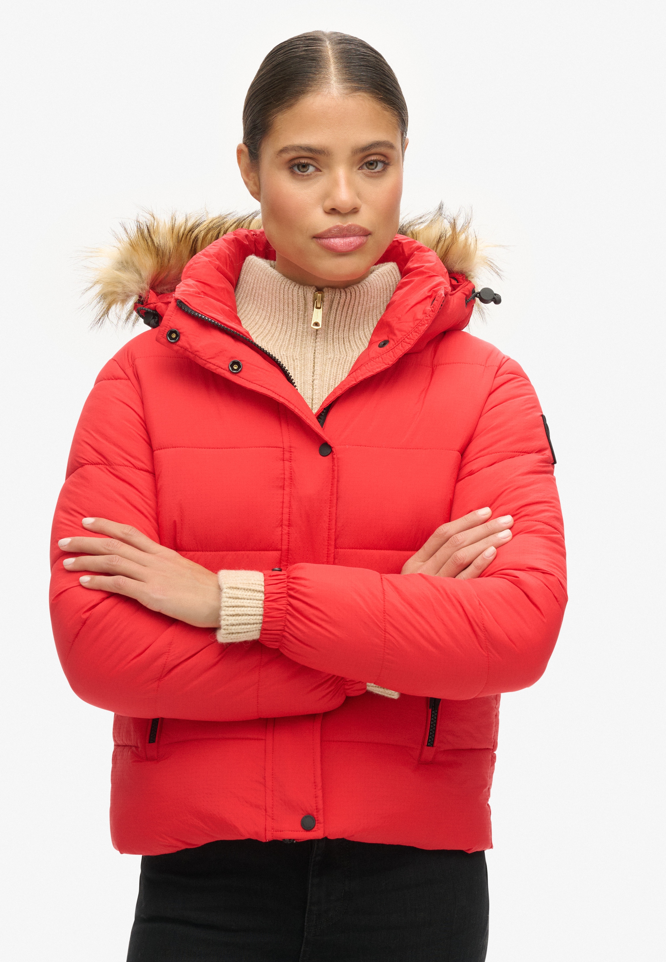Superdry Steppjacke »FAUX FUR SHORT HOOD PUFFER«, mit Kapuze