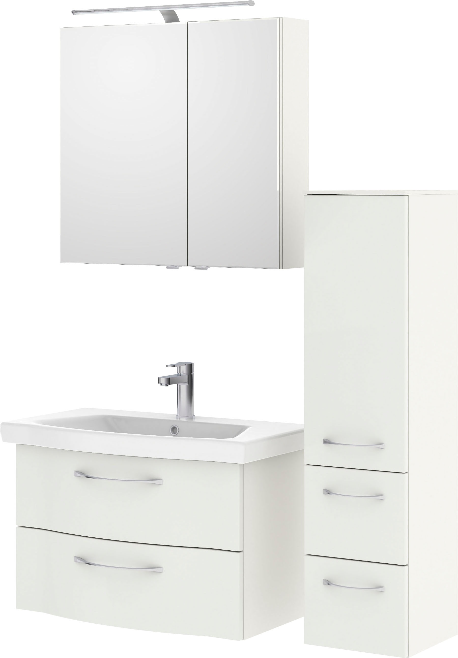 Saphir Badmöbel-Set »6005 Sprint 3-teilig, Keramik-Waschtisch mit LED-Spiegelschrank«, (4 St.), Midischrank, inkl. Türdämpfer, 3 Türen, 4 Schubladen, Bad-Set