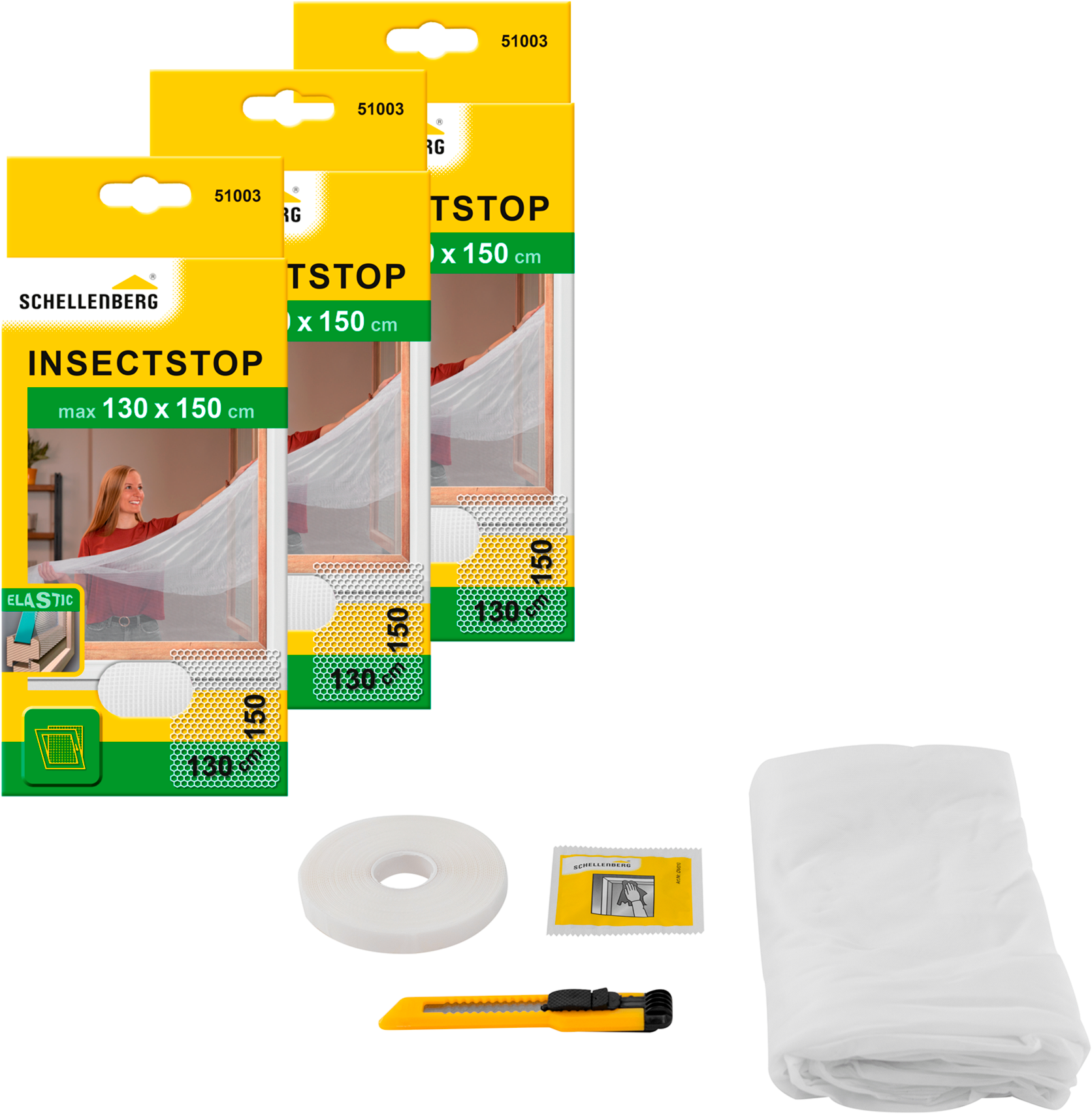 SCHELLENBERG Fliegengitter-Gewebe "Elastic ohne bohren", B/H: 130cm x 150cm, 3er Pack, weiß, Insektenschutzgitter, elastischer Insektenschutz für