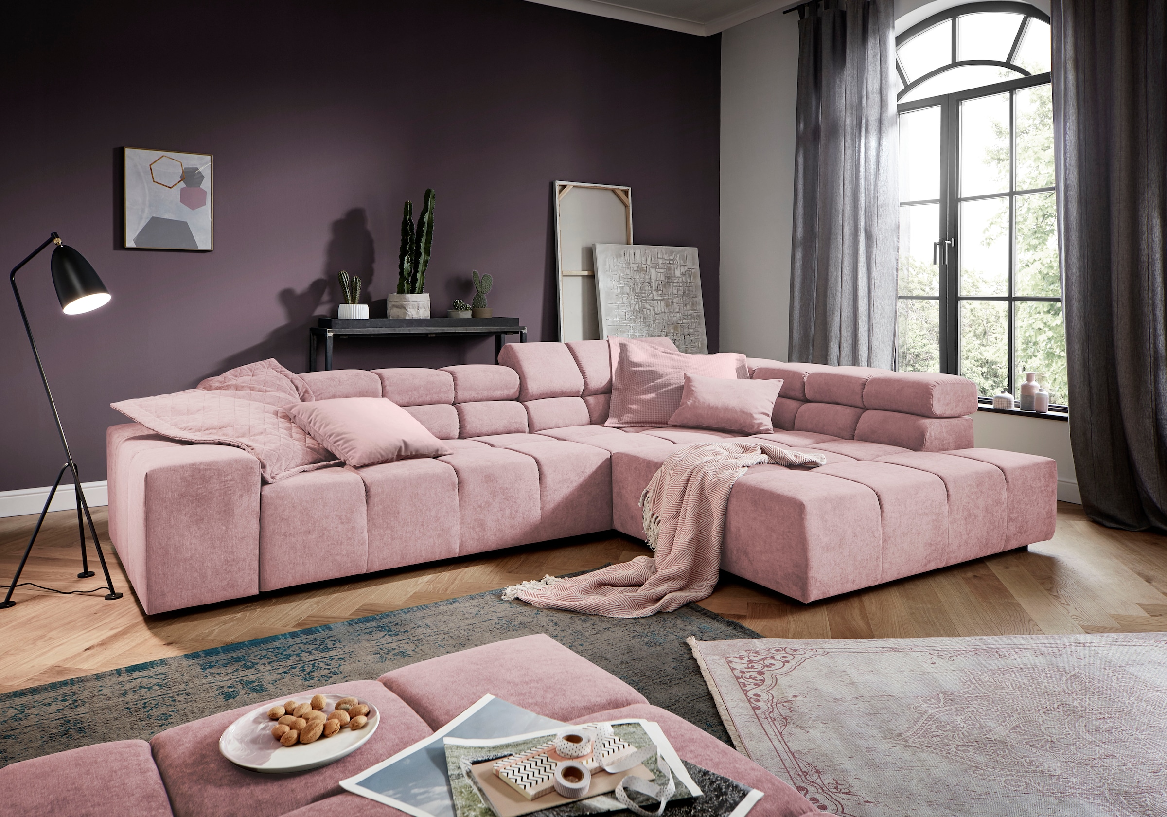 INOSIGN Ecksofa »Ancona incl. Kopfteilverstellung, Zierkissen Breite 319cm, L-Form«, wahlweise motorische Sitztiefenverstellung, auch in Cord + Easy Care