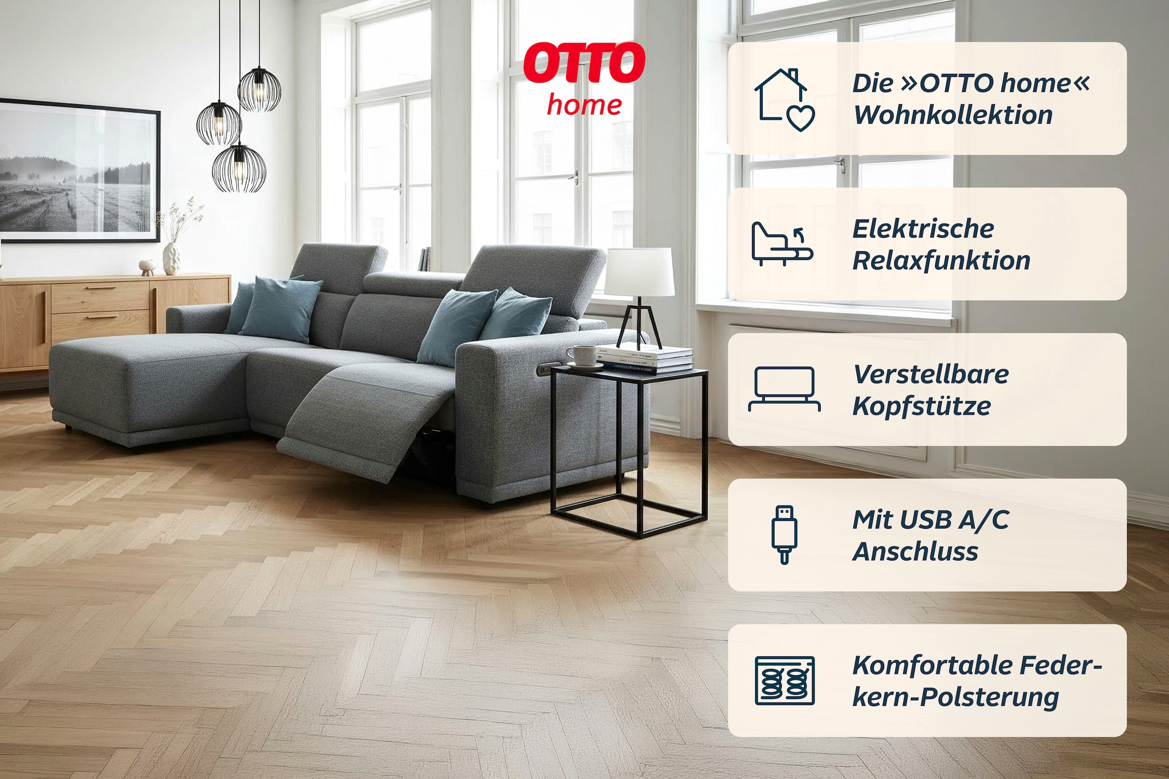 OTTO home Ecksofa »LEOO« mit USB A/C-Anschluss. Federkern, verstellbaren Kopfstützen, Webstoff