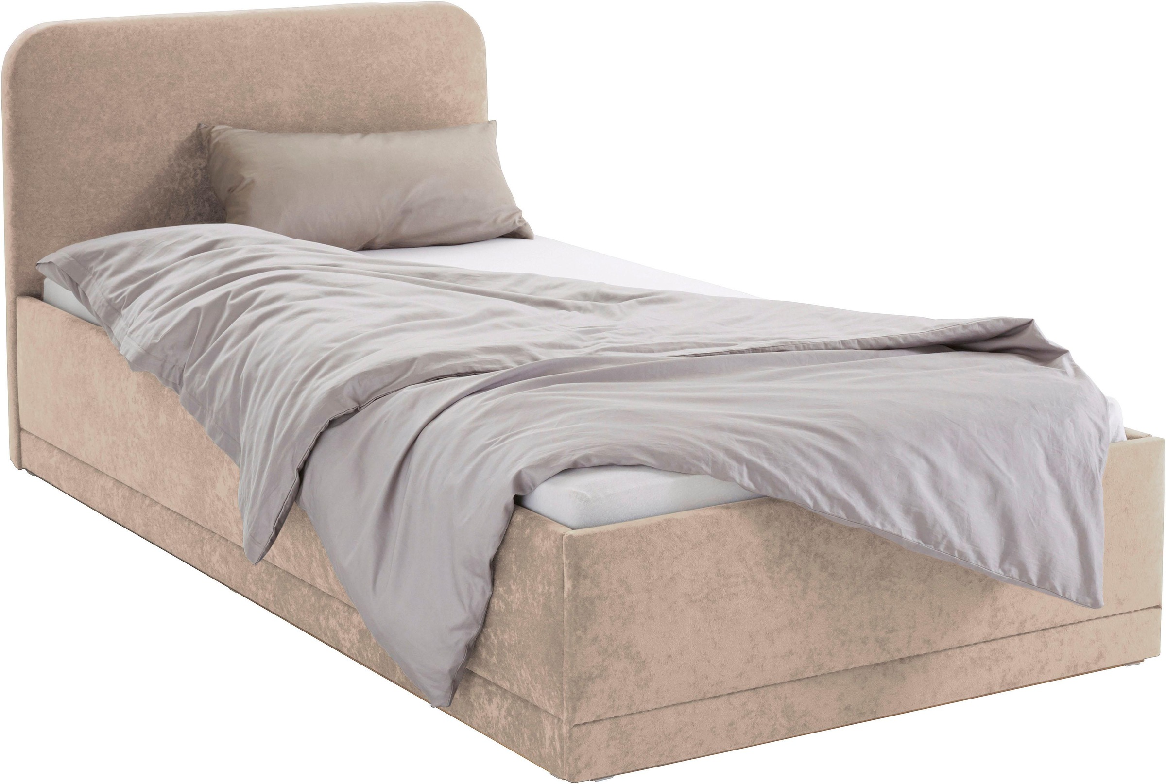 Polsterbett, beige (dunkelbeige), B:110cm L:210cm, Bezug Bett: wahlweise Microfaser (100% Polyester), Strukturstoff (77% Polyester, 23% Viskose) oder Kunstleder;Bonnell-Federkernmatratze: Mischgewebe (51% Polyprophlen, 39% Polyester, 10% Baumwolle);Kaltsc 3