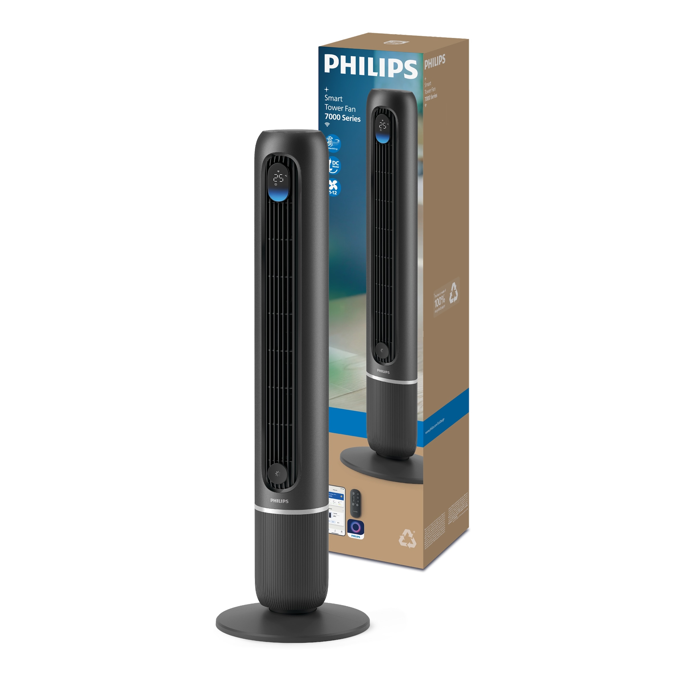 Philips Turmventilator »CX7550 Serie 7000 mit 12 Geschwindigkeiten u. Aromatherapie-Zusatz« Oszillierend, besonders leise, mit DC-Motor, Timer u. Fernbedienung