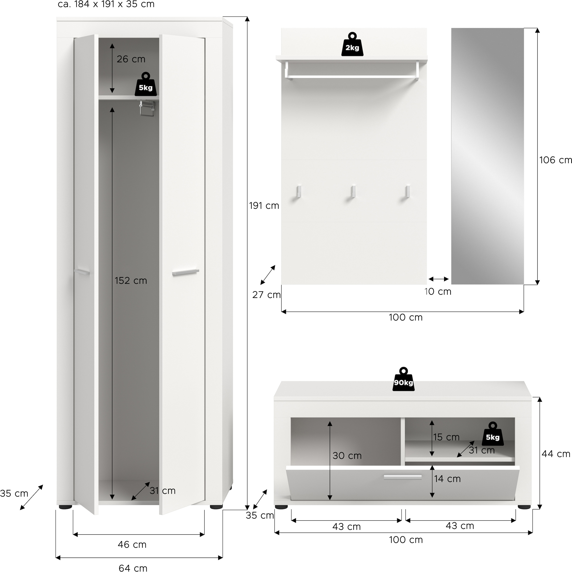 INOSIGN Garderoben-Set »Aosta«, (Set, 4 St.), Aosta, Höhe 191 cm, 4-tlg. Garderobenset, Flur, Diele
