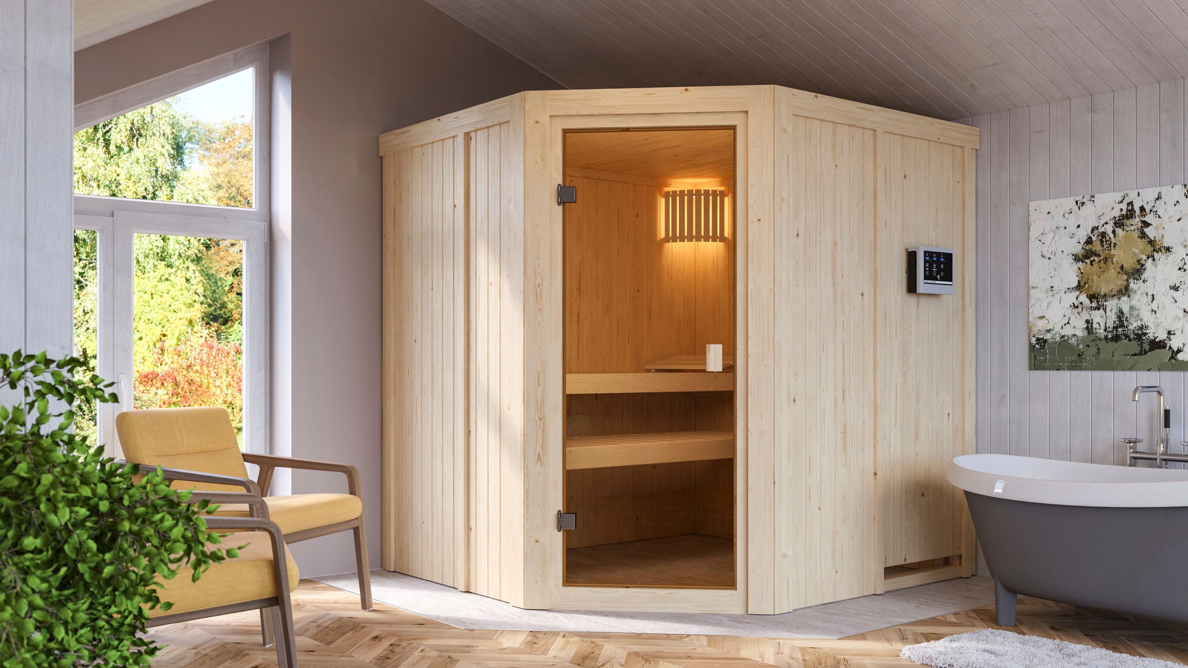 Karibu Sauna »Bodo«, mit Ofen 9 kW ext. Strg. Easy