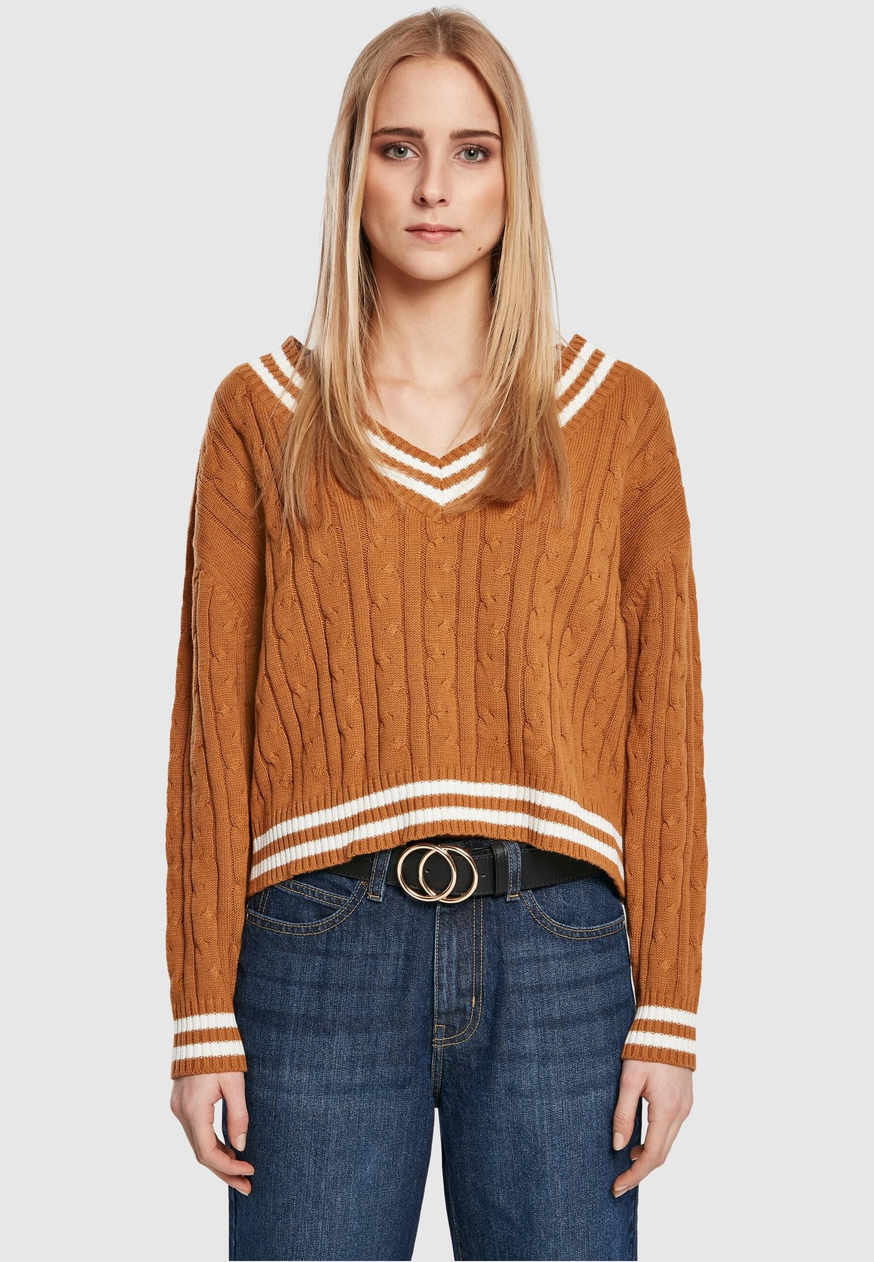 URBAN CLASSICS Rundhalspullover »Urban Classics Damen Ladies Short V-Neck College Sweater«, (1 tlg.)