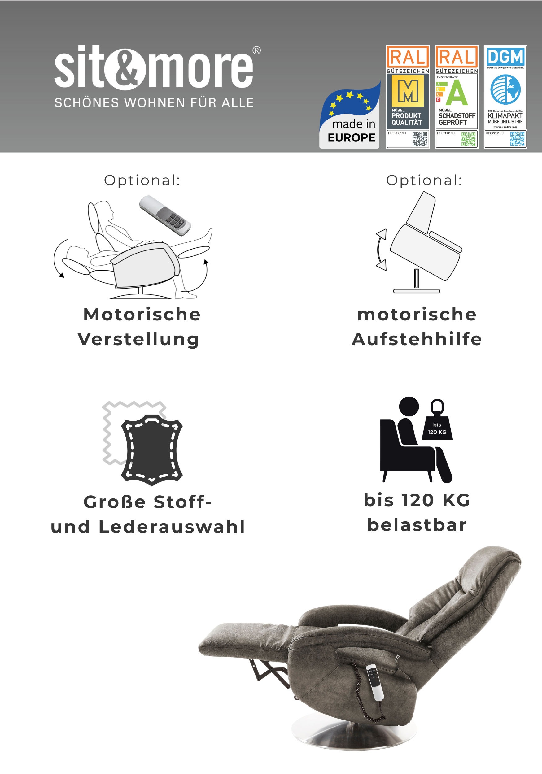 TV-Sessel SIT & MORE "Enjoy Größe M", grau (taupe), B:74cm H:111cm T:77cm, NaturLEDER (echtes Rindsleder);Luxus-Microfaser (100% Polyester);Luxus-Kunstleder, Sessel, in Größe M, wahlweise mit Motor und Aufstehhilfe 3