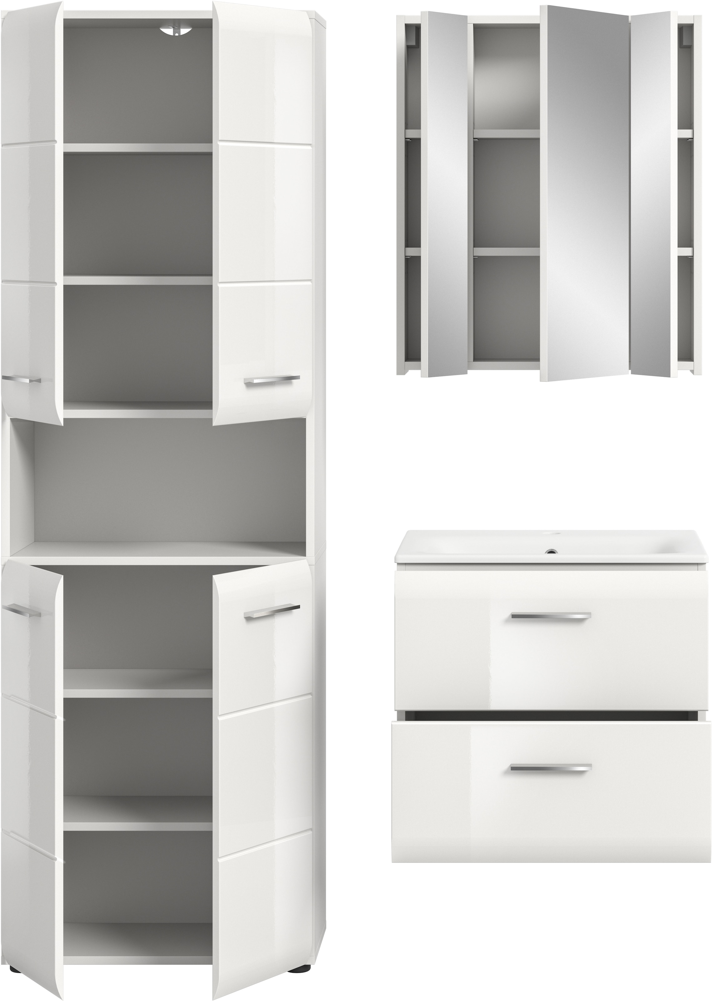 INOSIGN Badezimmer-Set, (Set, 4 St.), Florenz, Badkombination 4-tlg.,Weiß hochglanz, inkl. Waschbecken