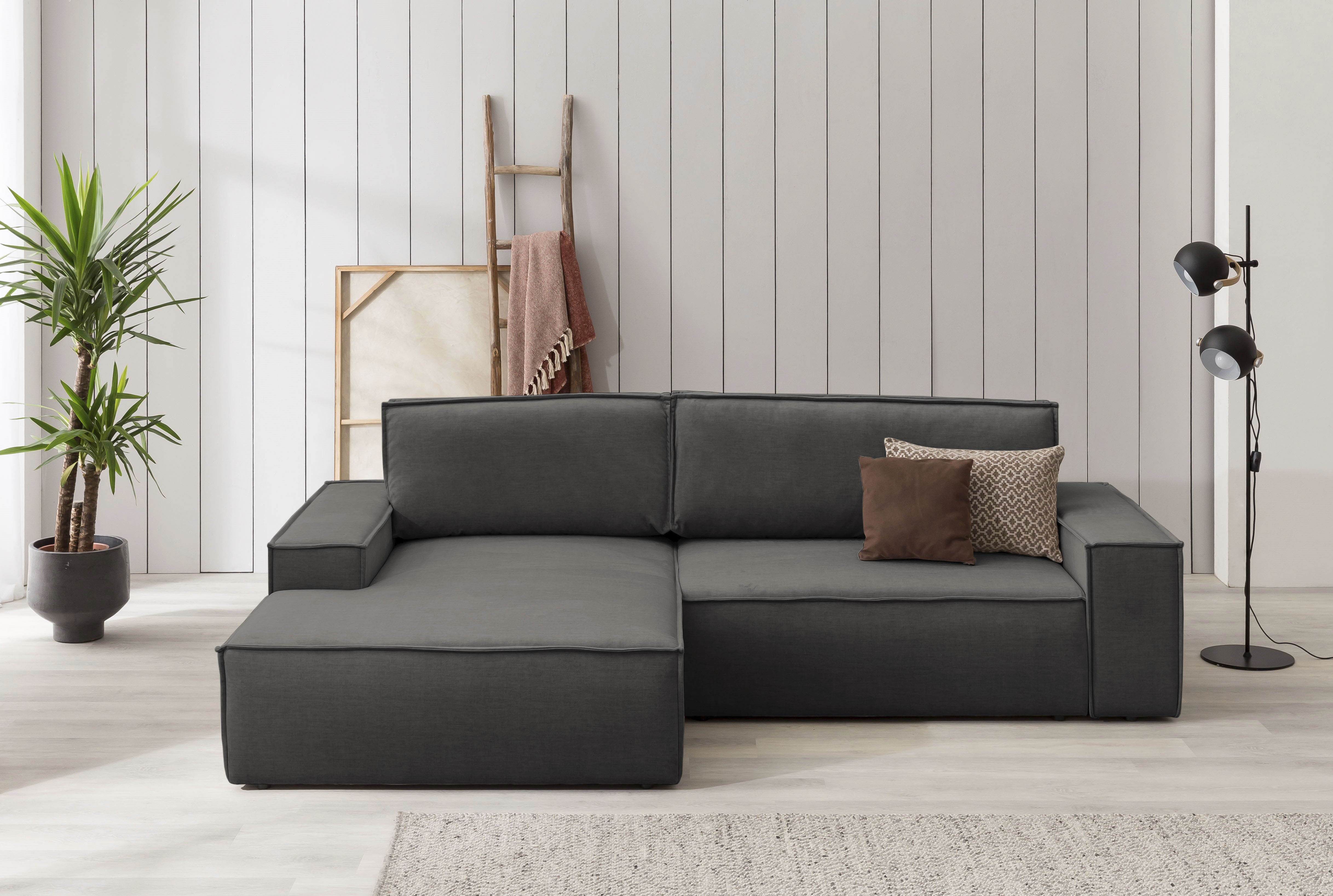 OTTO home Ecksofa "SHERWOOD Samtvelours L-Form, 267 cm - OTTO. Verlässliche Qualität." Schlaffunktion mit Bettkasten (210x136 cm), Cord, Vintage, Samtvelours