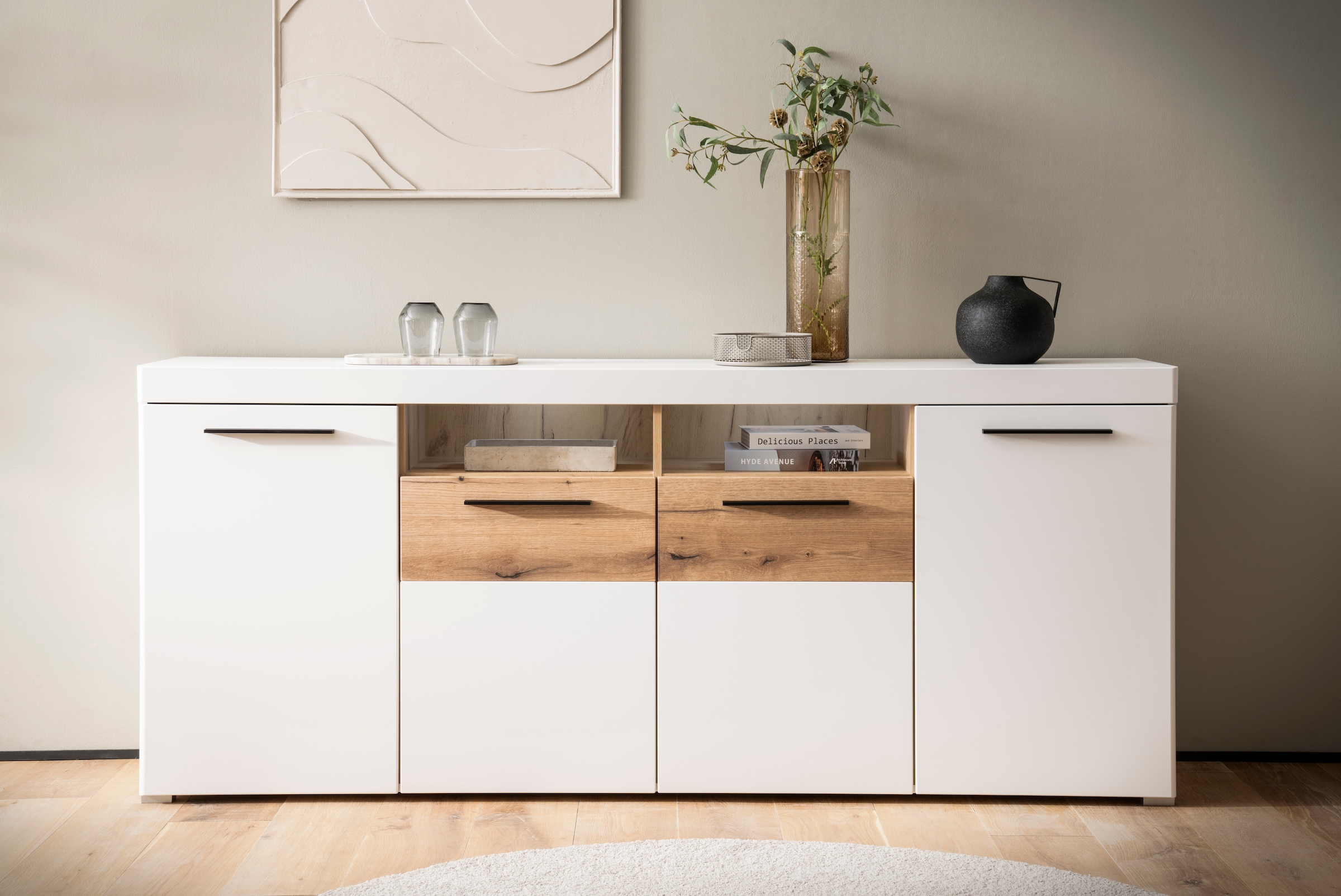 Sideboard »Salerno, moderner Schrank, Highboard in Weiß mit Eiche Evoke Dekor«,...