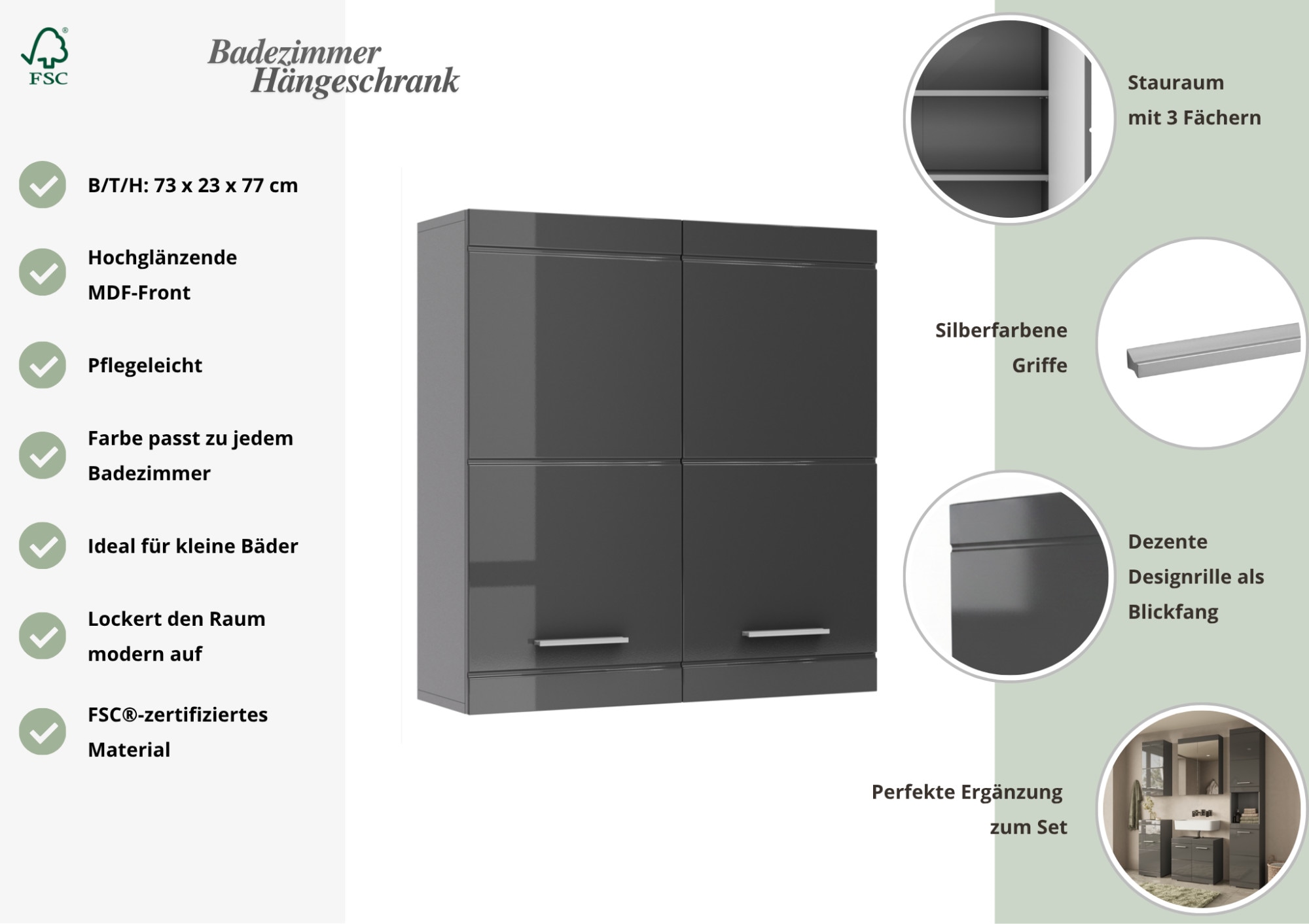OTTO home Hängeschrank »Föhr, Badschrank, Badezimmerschrank, Badmöbel« Breite 72,8 cm, 2 Türen, minimalistisch, zeitlos, hochglänzend