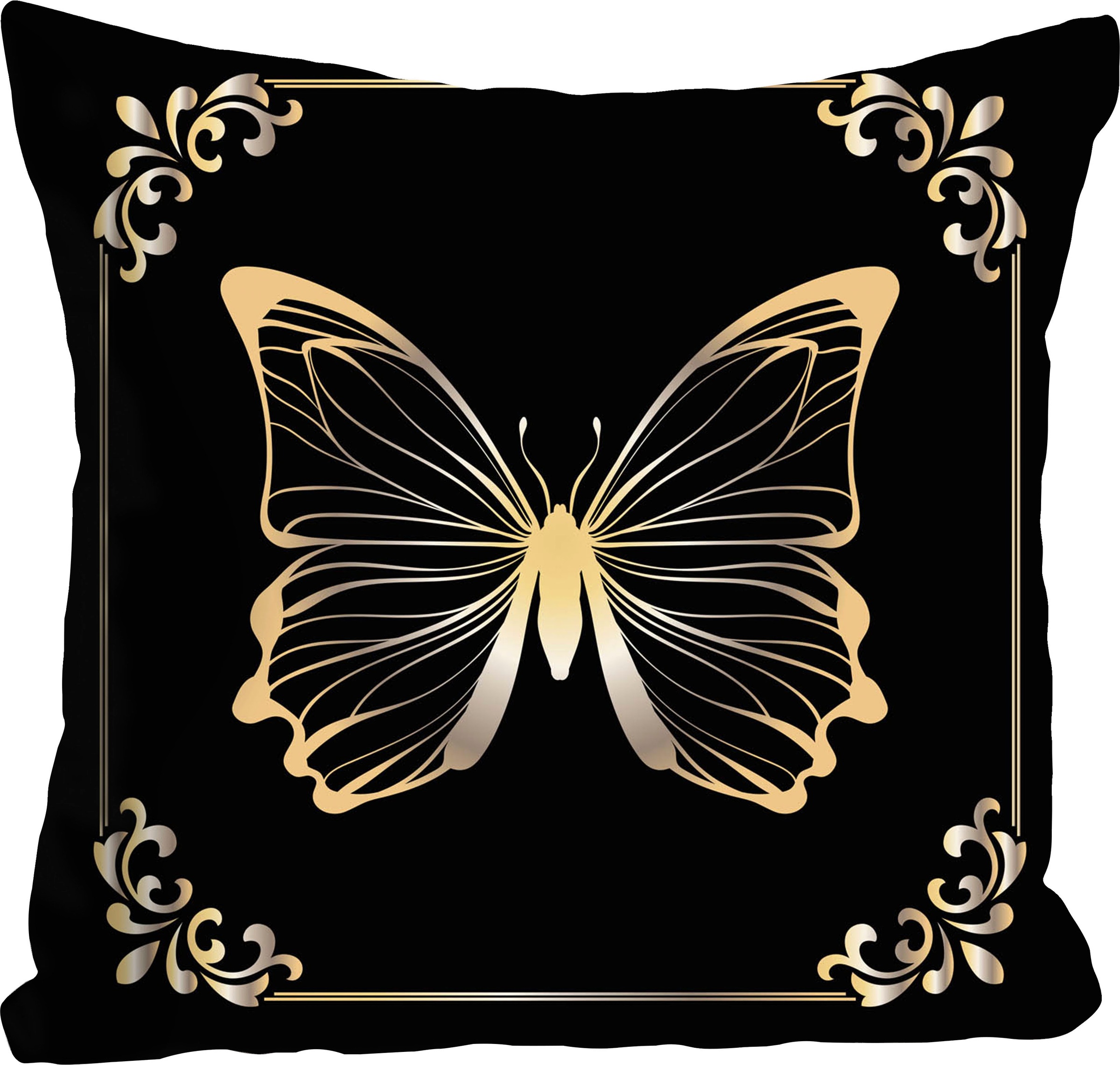 queence Dekokissen »Pascal«, Kissenhülle,Schwarzer Hintergrund,Goldener Schmetterling,Eleganz