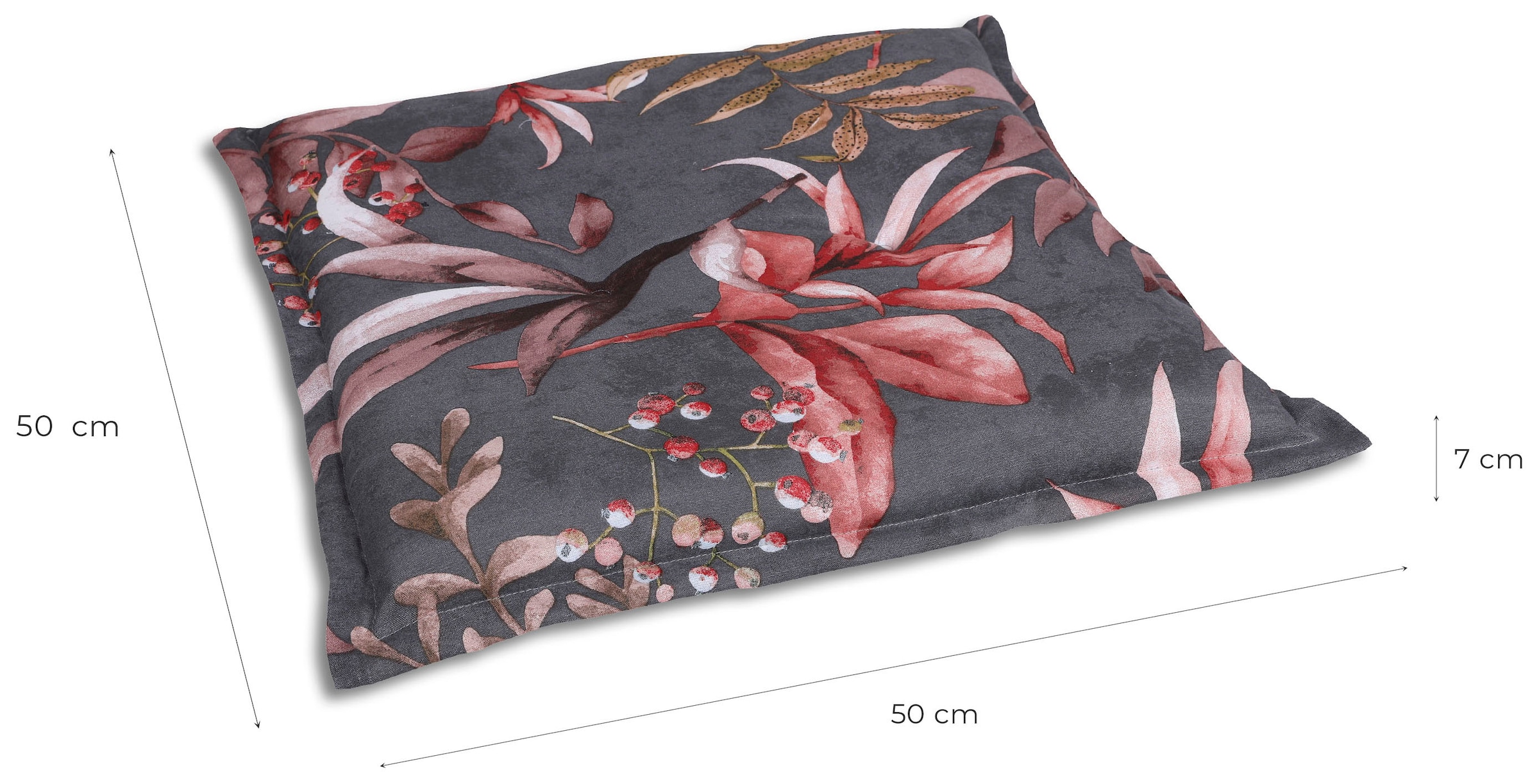 GO-DE Hockerauflage Blätter / Beeren anthrazit - Maße BxLxH ca.: 50 cm x 50 cm x 7 cm