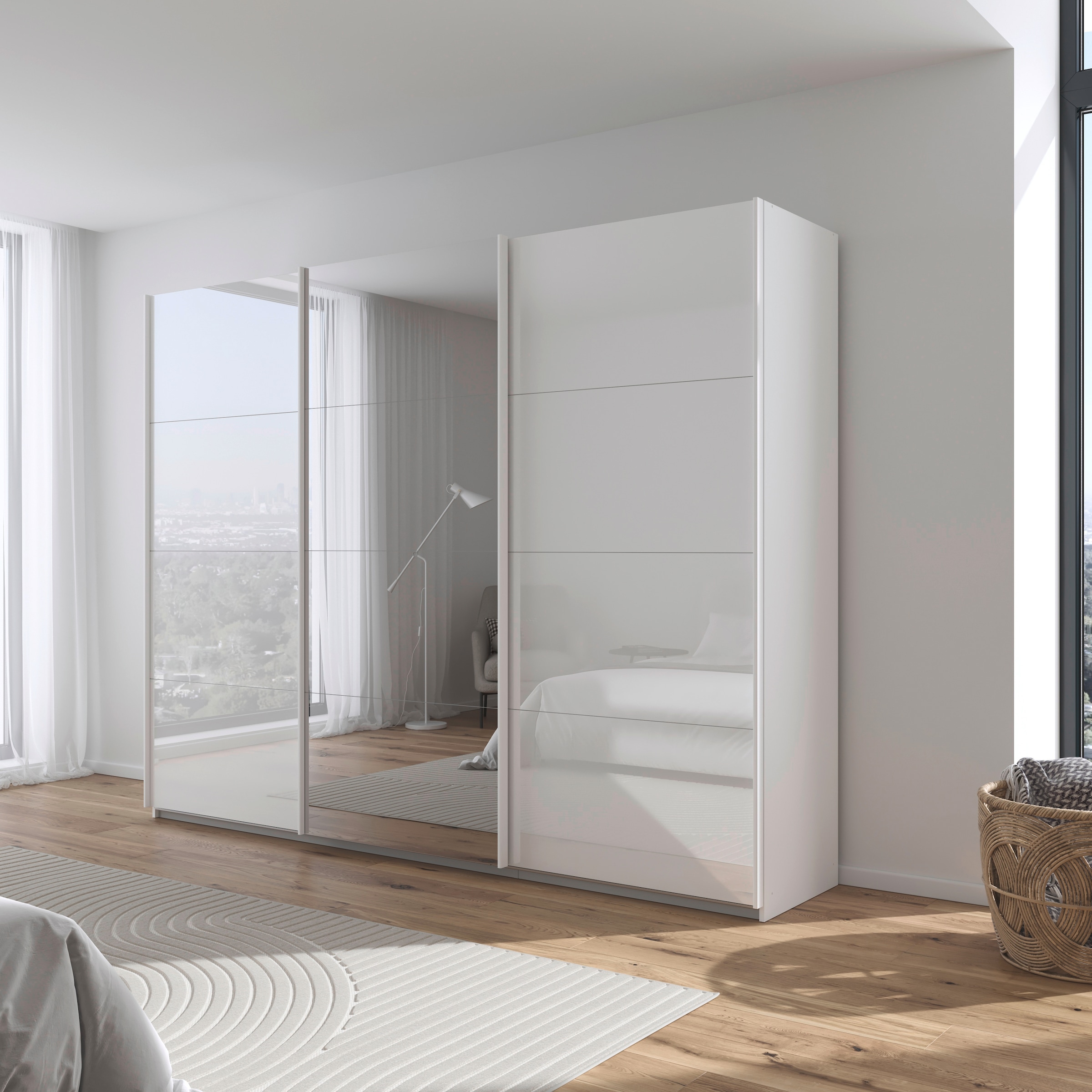 rauch Schwebetürenschrank »Kleiderschrank Kleiderschränke Schrank Garderobe AGORDO mit Glasfront«, durchdachte Innenausstattung, in 4 Breiten und 2 Höhen MADE IN GERMANY