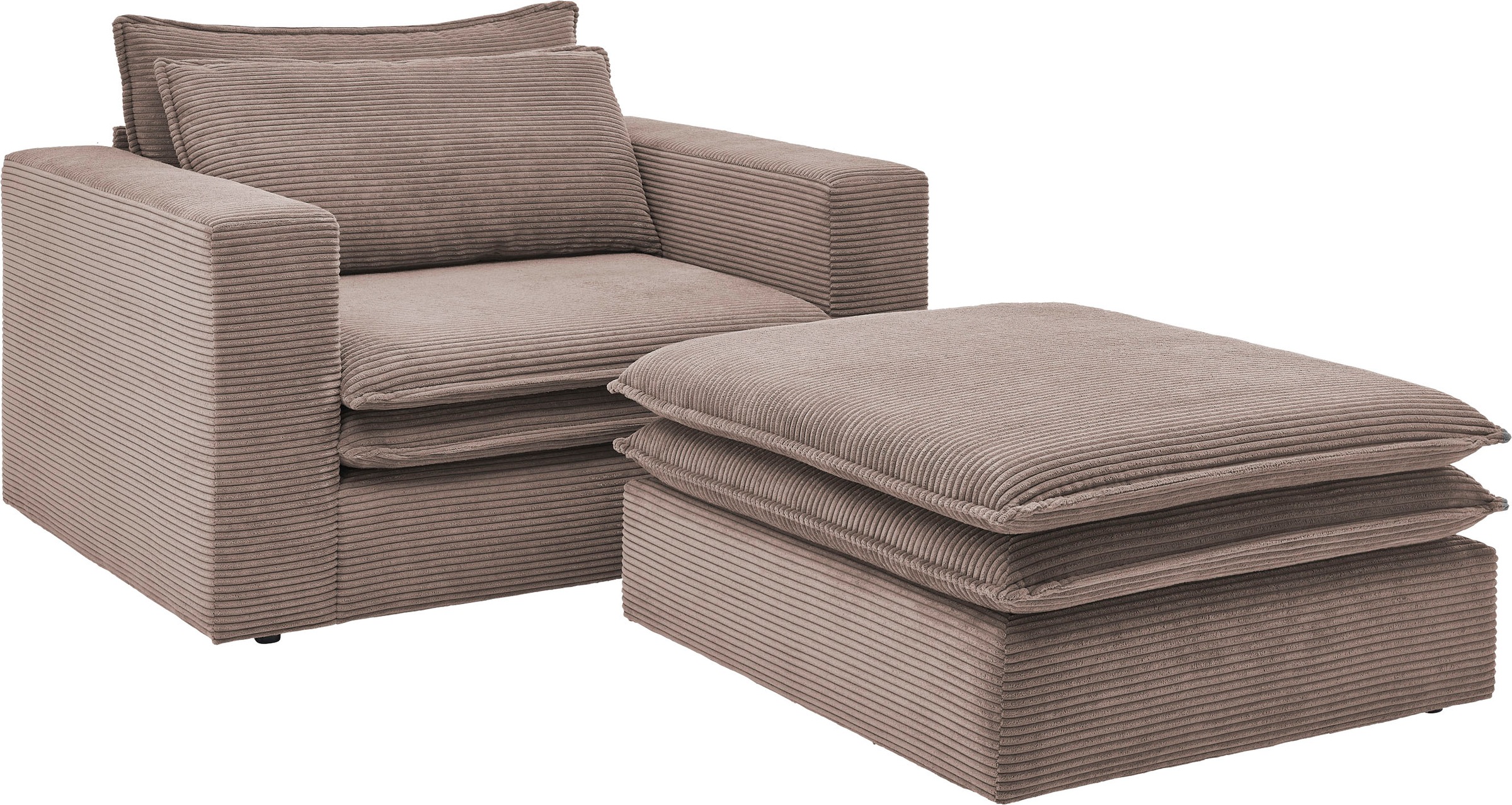 Thumbnail - PLACES OF STYLE Sitzgruppe "PIAGGE" 2 Stk. tlg. Hochwertiger Cord, Sessel und Hocker klein im Set