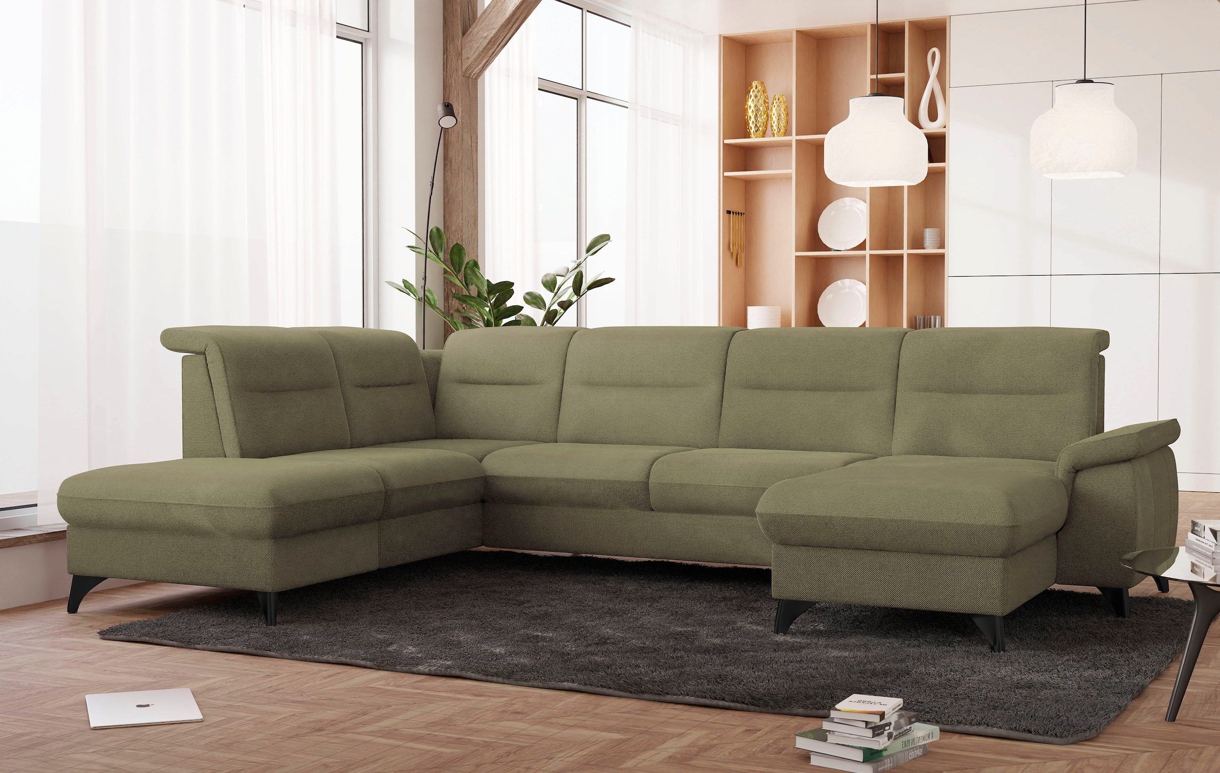 Wohnlandschaft SIT & MORE "Astoria U-Form", grün, B:329cm H:91cm T:225cm, 100% Polyester, Sofas, Wohnlandschaft, wahlweise mit motorischer Relaxfunktion