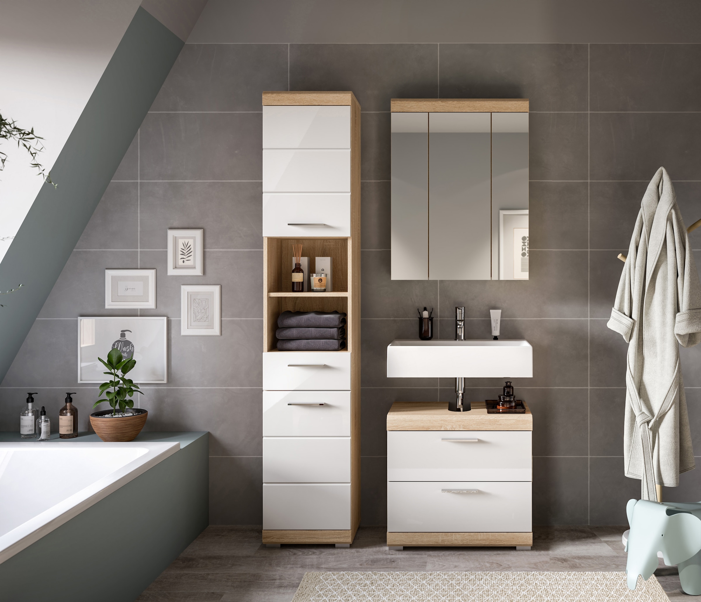INOSIGN Badmöbel-Set »Siena, 3 teilig, bestehend aus:«, (Set), Hochschrank, Waschbeckenunterschrank, Spiegelschrank
