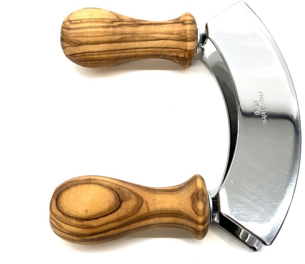 Thumbnail - Olivenholz-erleben Wiegemesser "DESIGN mit gedrechselten Griffen aus Olivenholz" Doppelklinge aus Edelstahl, gedrechselt...