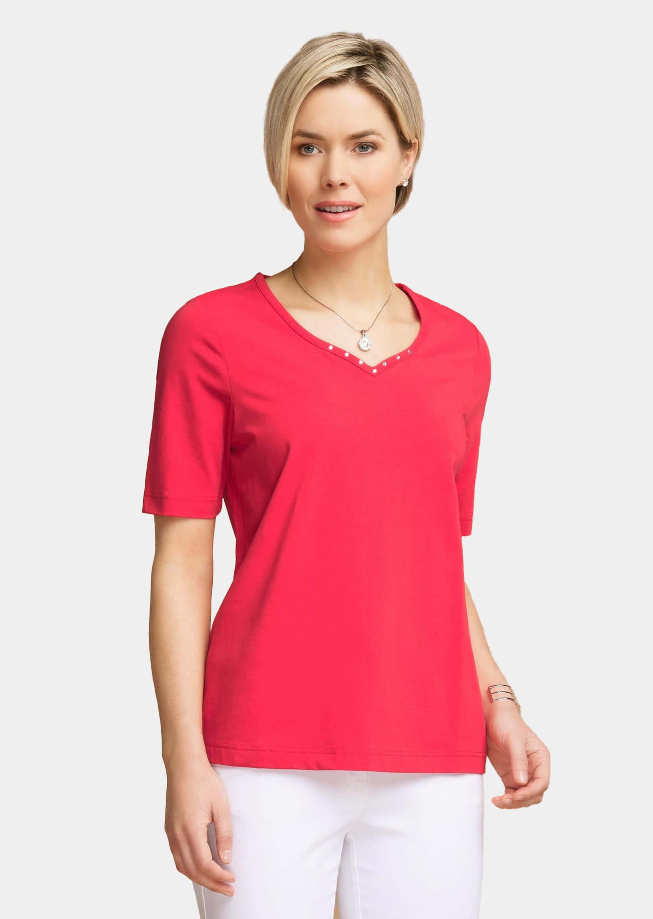 GOLDNER Langarm-Poloshirt »T-Shirt T-Shirt mit charmantem Ausschnitt und Schmucksteinchen«