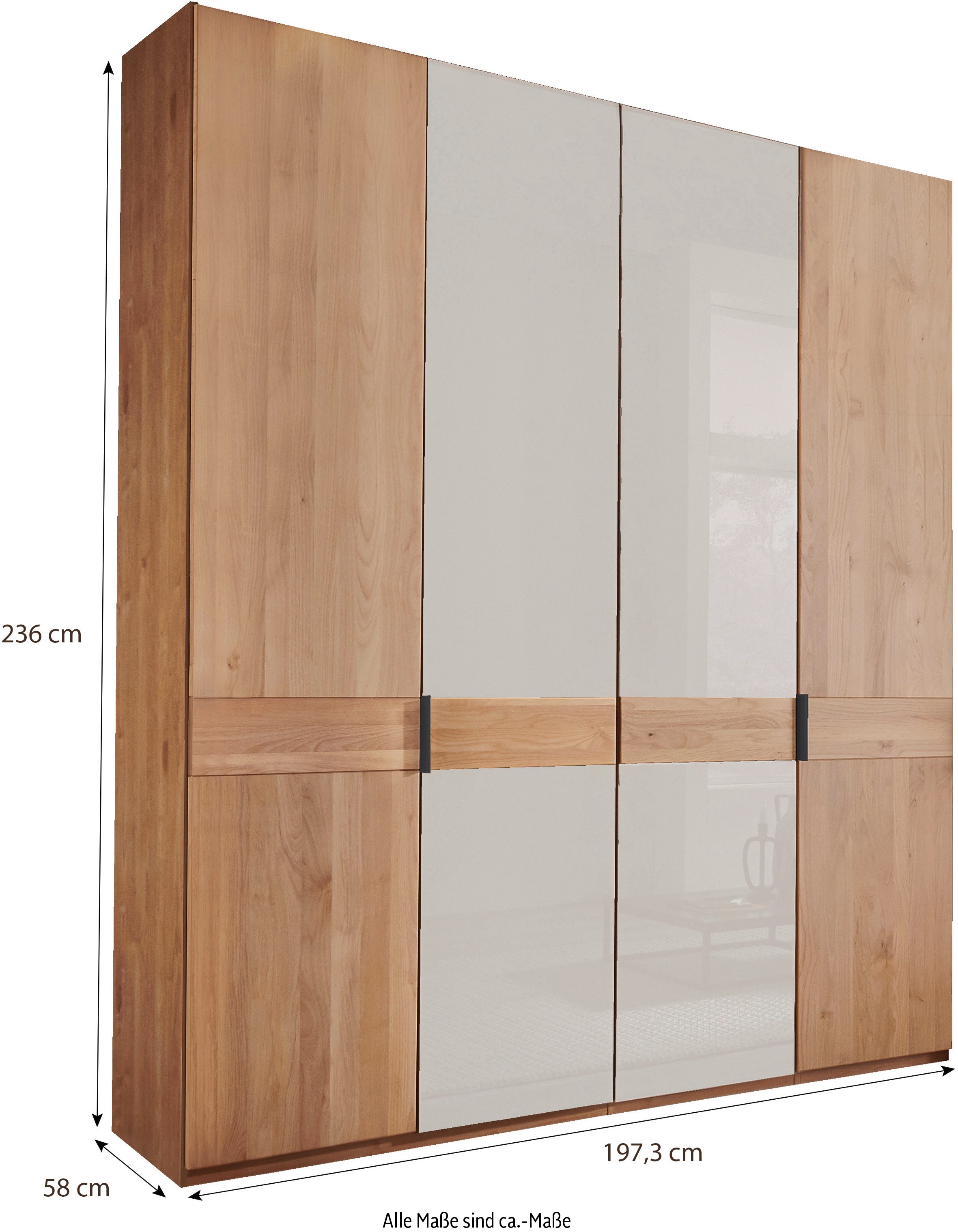 WIEMANN Drehtürenschrank »Cardiff, Massivholztüren in Kombination mit Glas- oder Spiegeltüren«, (4 Breiten, 2 Höhen 216/236cm auswählbar), hochwertiges Design in langlebiger Qualität, viel Stauraum