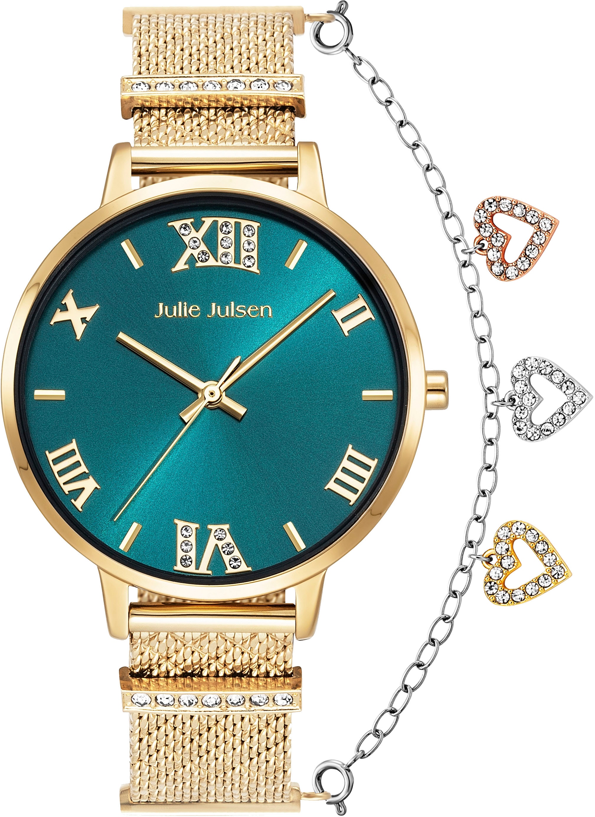 Julie Julsen Quarzuhr »Julie Julsen Charming Roman Gold Emerald, JJW1411YGME-36-2«, Armbanduhr, Damenuhr, Zirkonia-Steine, Mineralglas