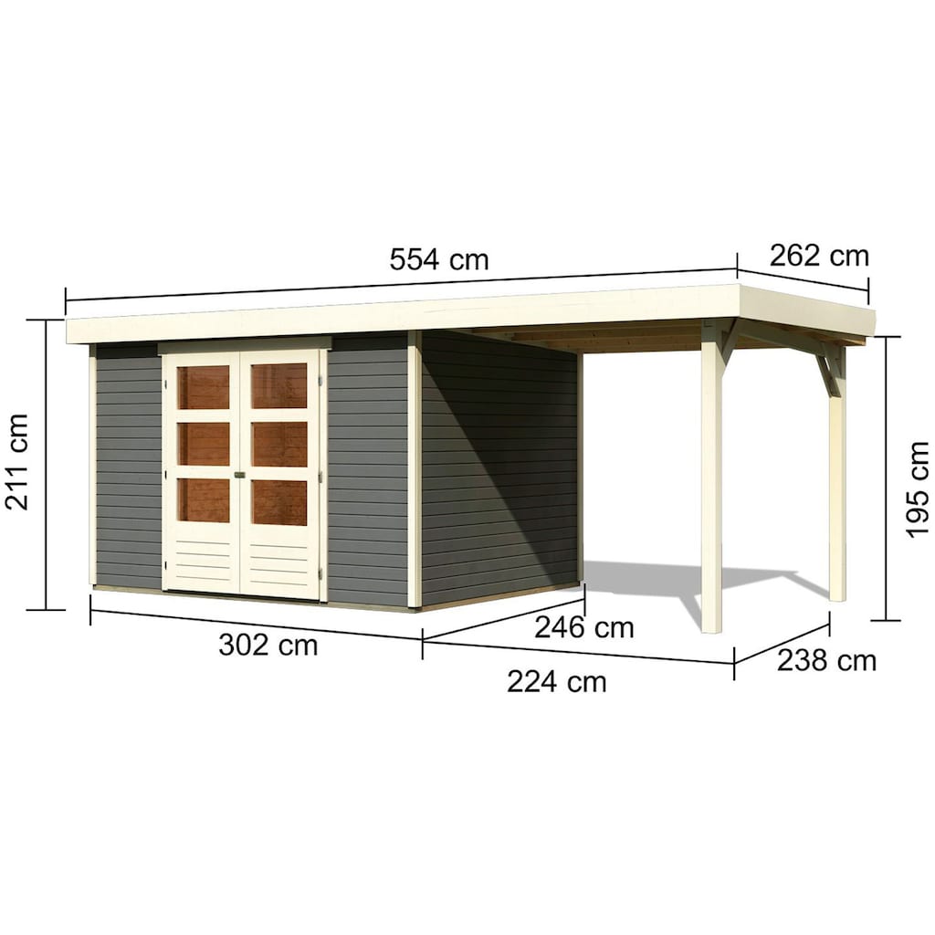 Karibu Gartenhaus »"Arnis 5" SET anthrazit mit Anbaudach 2,40 m Breite«, (Set), aus hochwertiger nordischer Fichte