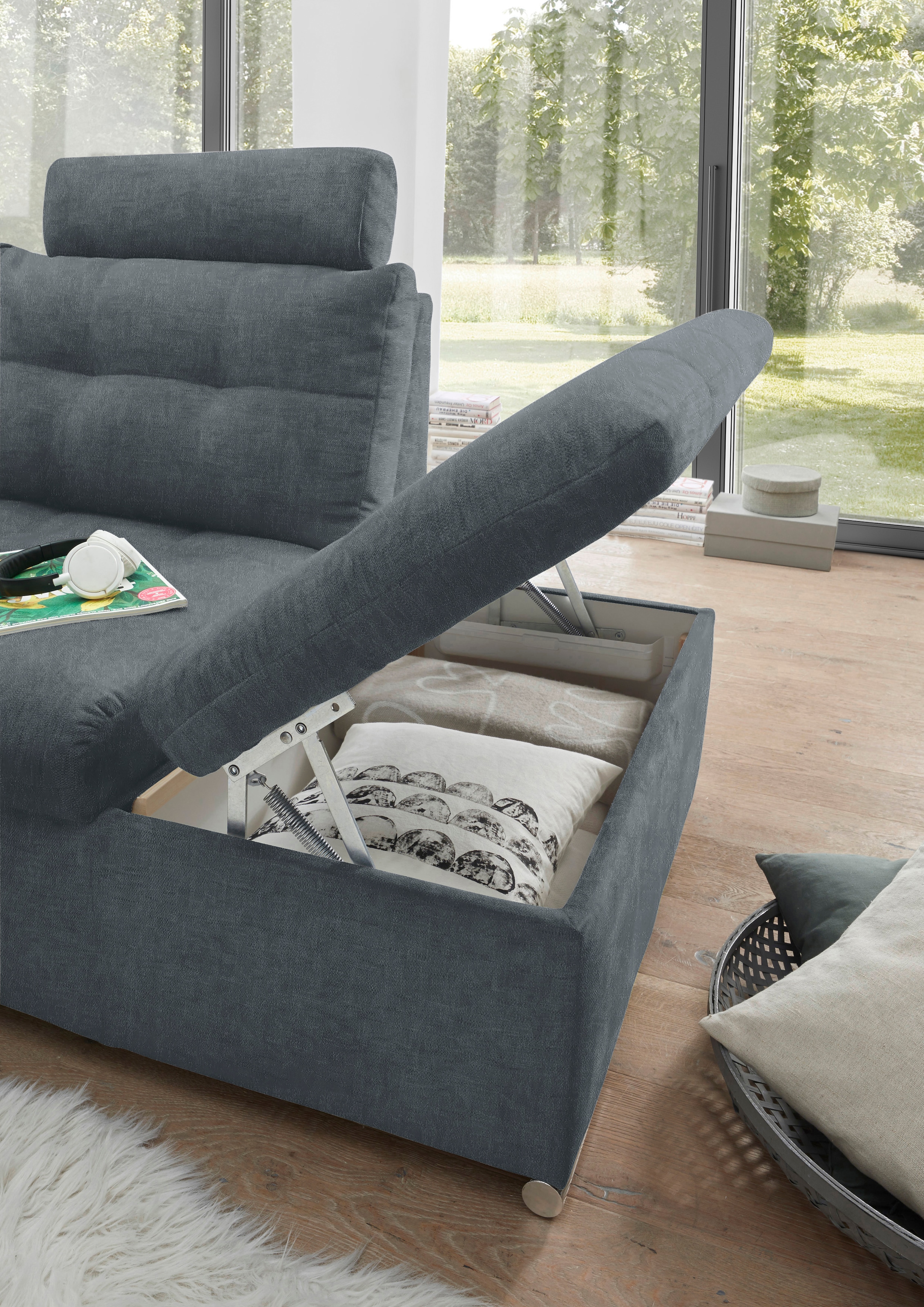 ED EXCITING DESIGN Wohnlandschaft »Nalo U-Form mit Bettfunktion, Bettkasten«, Armteilverstellung, Kopfstützen & 3 Nierenkissen
