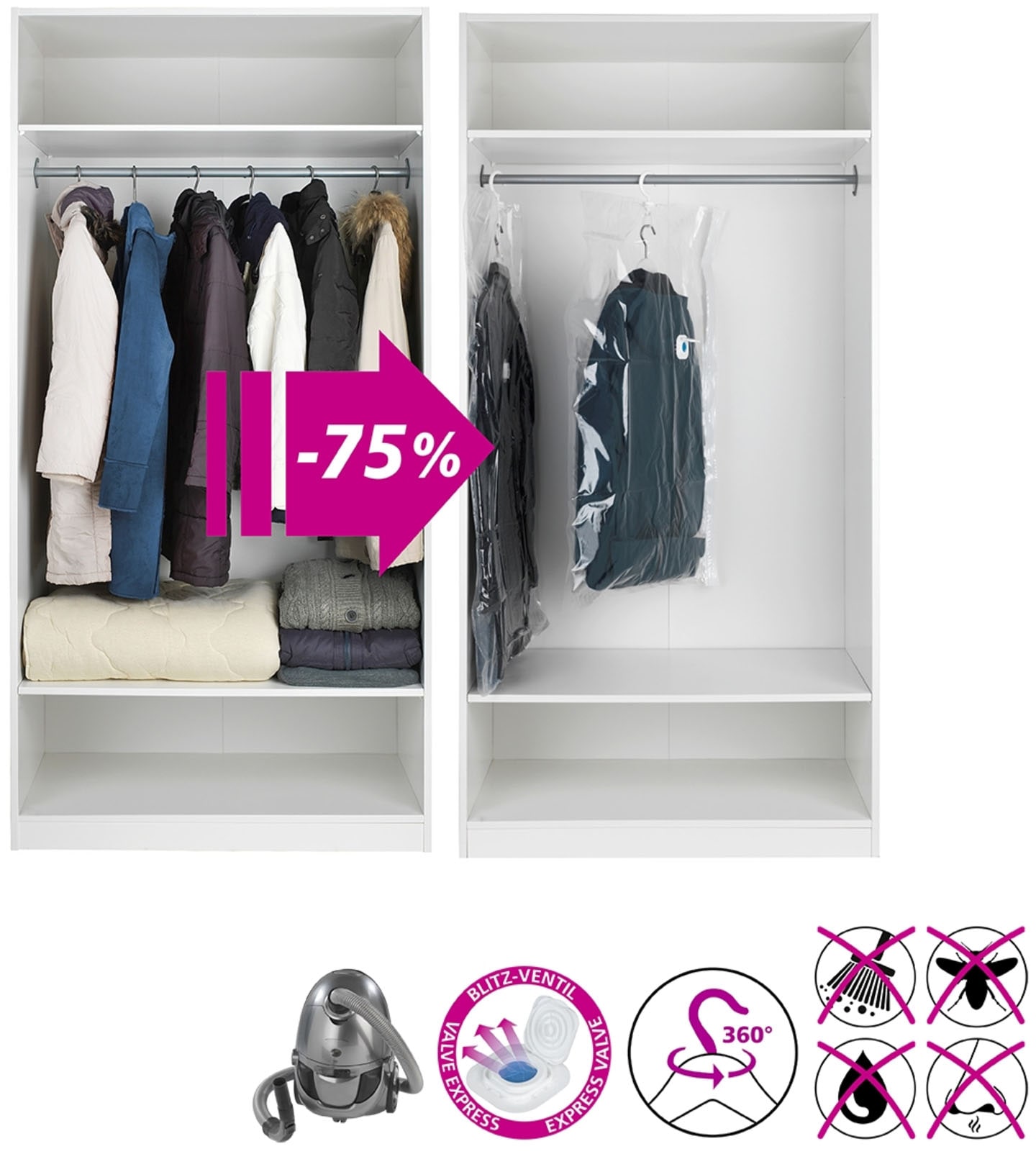 WENKO Kleidersack »Vakuum Größe L«, (Set, 2 St.), Vakuumbeutel für Kleidung, platzsparend im Kleiderschrank