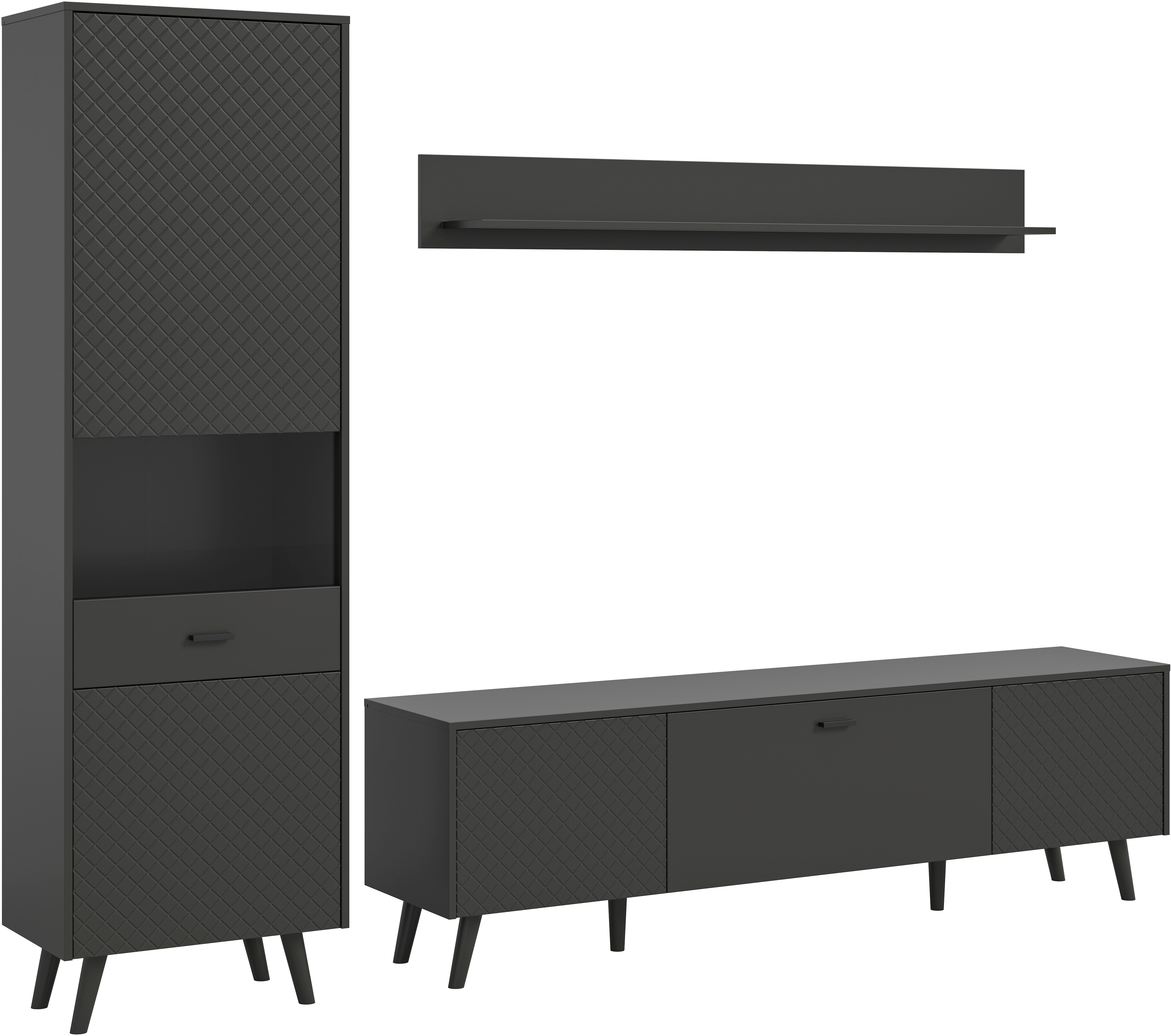 Home affaire Wohnwand "RHOMBUS, 3-tlg., hochwertige MDF-Front mit Karo-Optik" Set, Wohnkombination, Wohn-Kombi, Kombi, Wohnzimmer, 3 Stk. tlg.