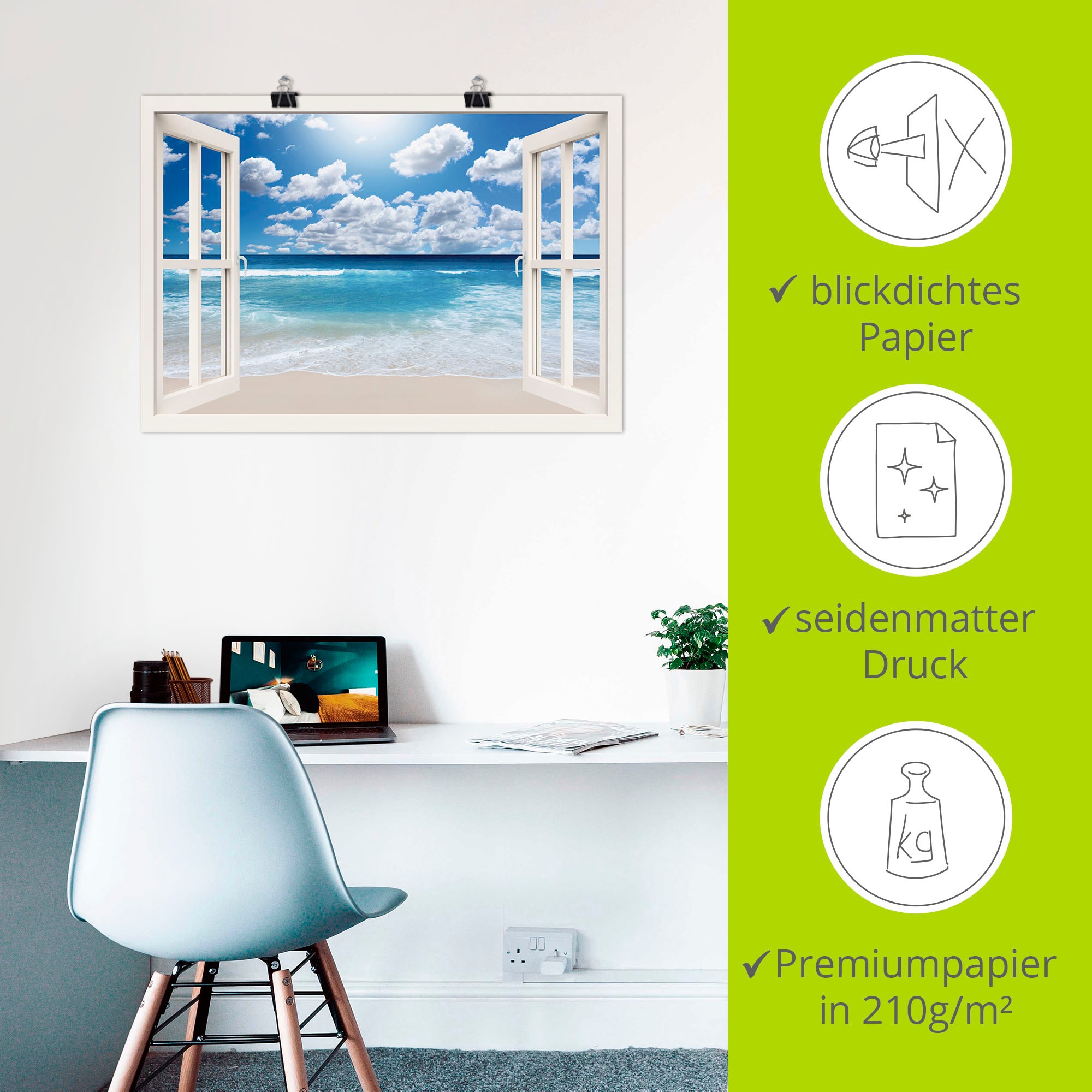 Wandbild ARTLAND "Fensterblick Großartige Strandlandschaft", weiß (farbe bild(er): weiß), B:70cm H:50cm, Bilder, als Leinwandbild, Poster in verschied. Größen 3