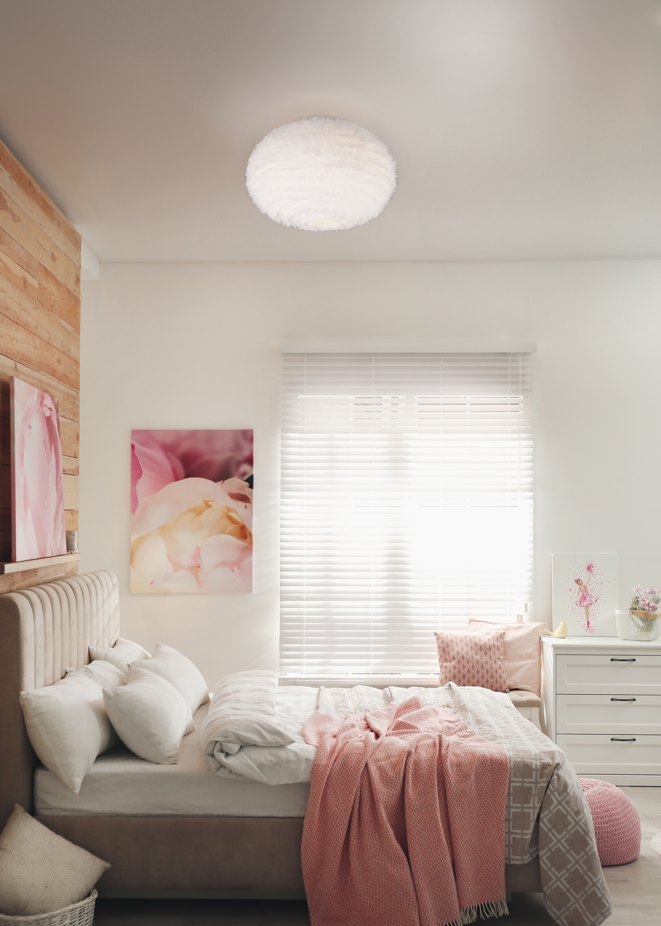 REALITY Leuchten Deckenleuchte »FURRY, E27 Deckenlampe mit Plüsch Lampenschirm Höhe 38 cm Ø 50 cm«, 2 flammig, Leuchtmittel E27 | Leuchtmittel wechselbar, exkl 2xE27 max 10W, Plüsch Deckenlampe weiß Schlafzimmer Wohnzimmer