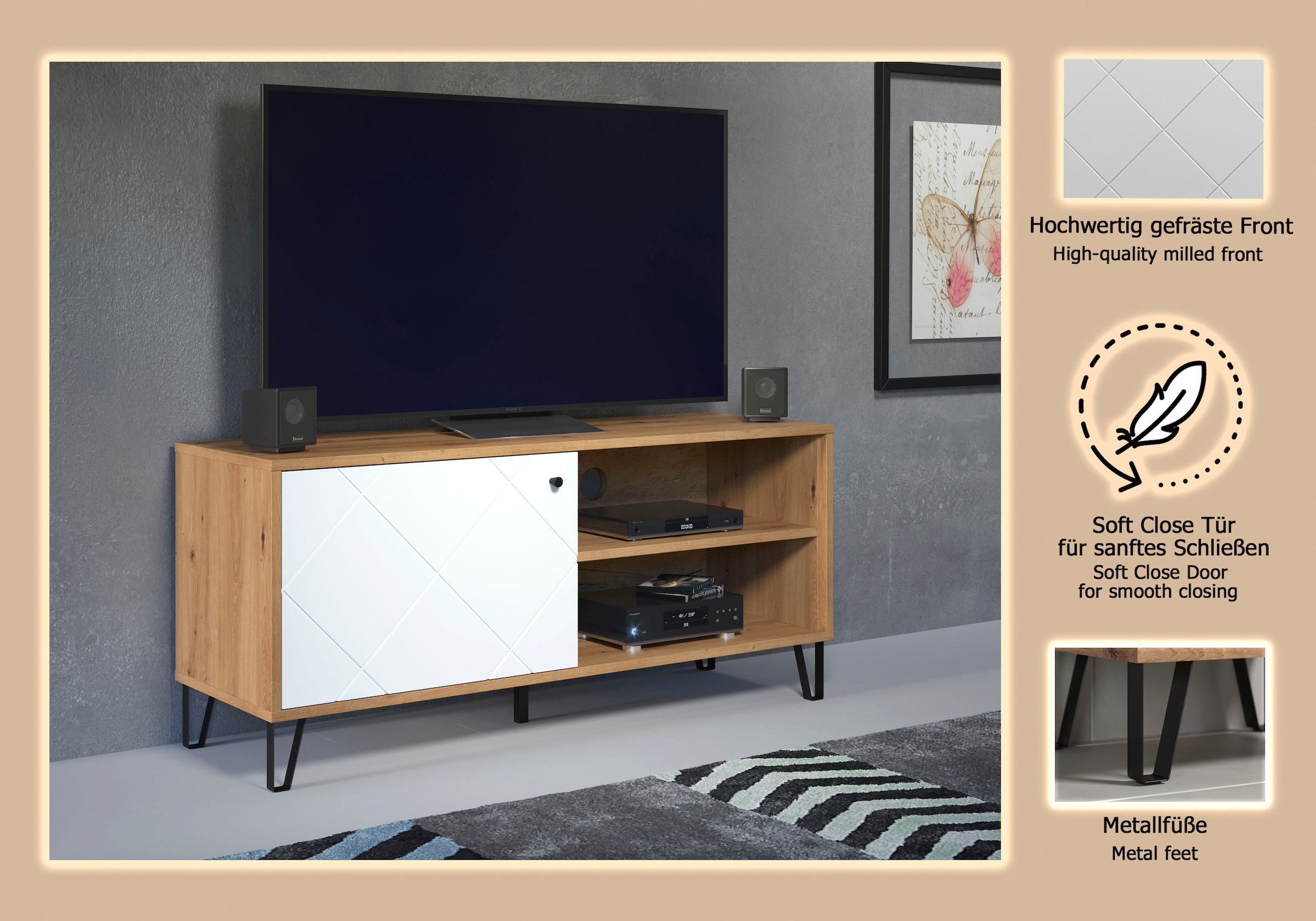 Places of Style Lowboard »Tarragona TV-Kommode«, TV-Unterteil mit 1 Tür & 2 Fächern - (B/T/H) 123/40/56 cm
