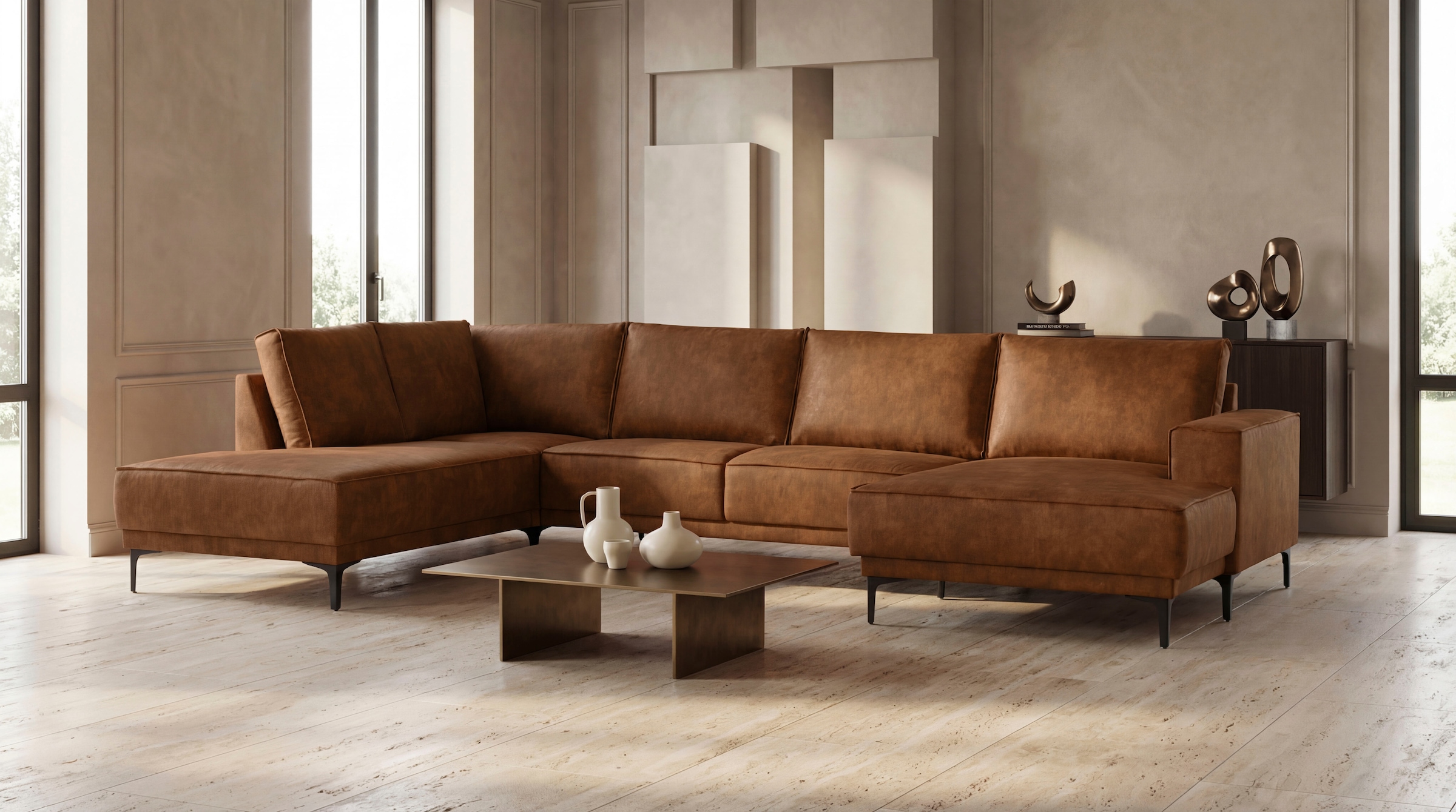 OTTO home Wohnlandschaft "OLAND Luxus-Microfaser U-Form, XXL, B: 345 cm, Skandi-Design" U-Form, 345 cm, Wellenunterfederung, Skandi-Design, Metallfüße