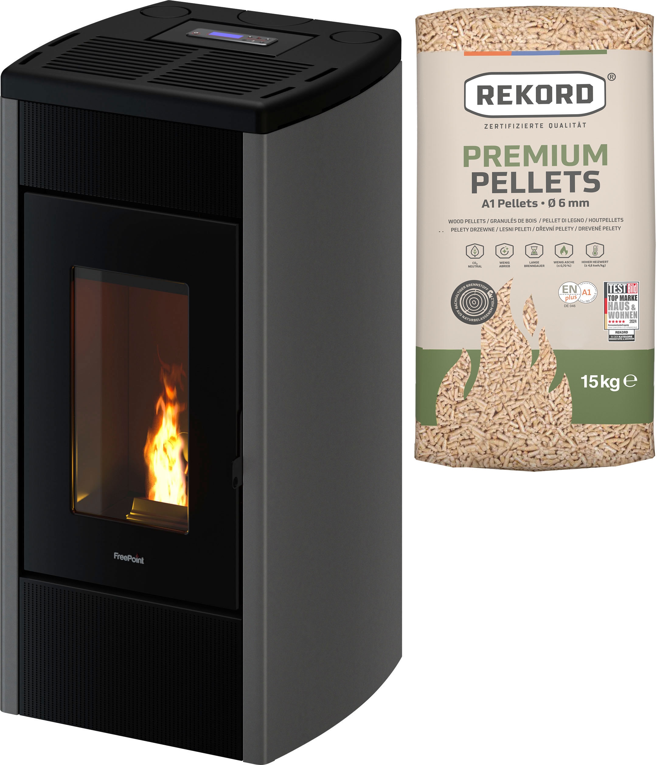 FREEPOINT Pelletofen "Duke 14 raumluftunabhängig", schwarz, Kaminöfen, Zweifach kanalisierbare Warmluft, WIFI inklusive