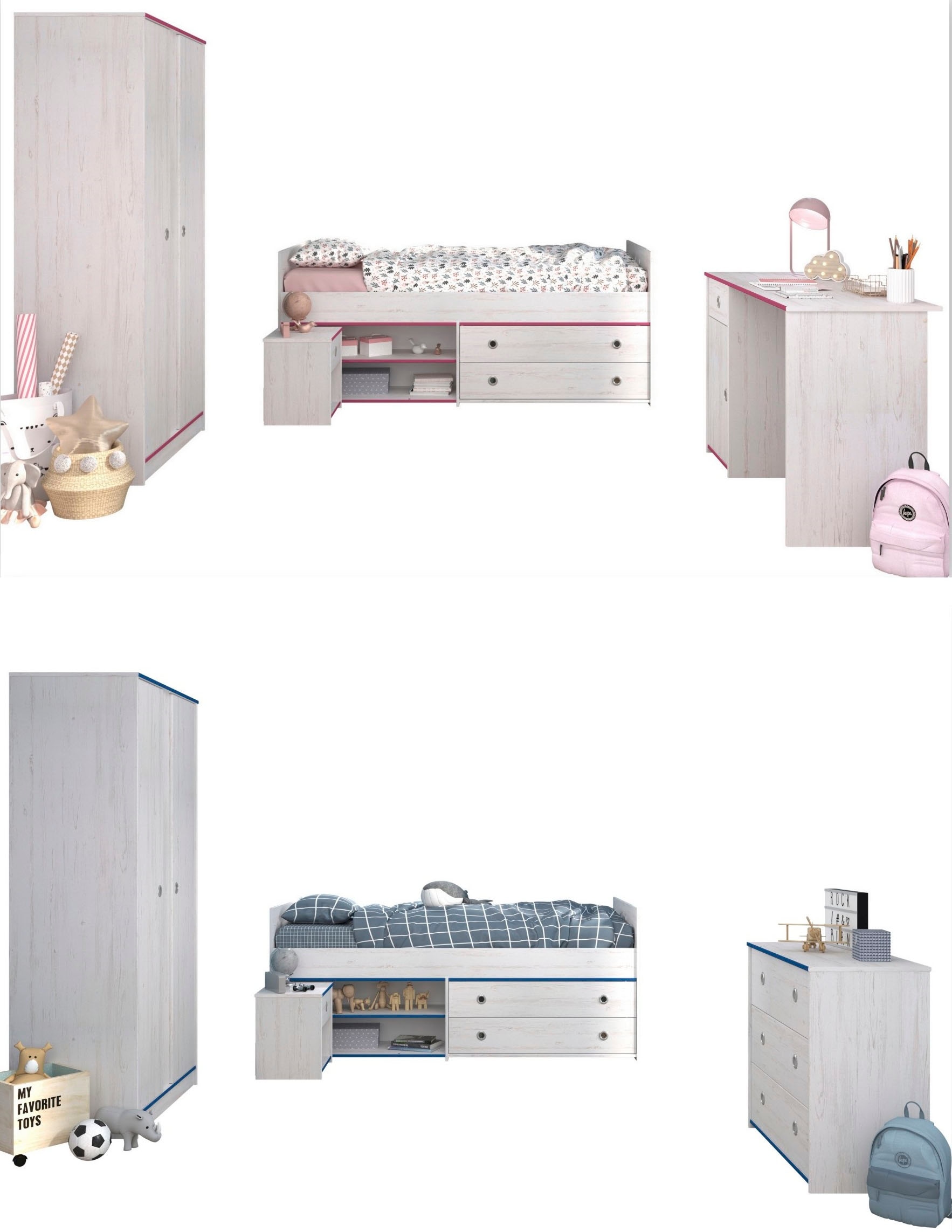 Parisot Jugendzimmer-Set »Smoozy«, (4 tlg., Stauraumbett,Nachttisch, Kleiderschrank und Schreibtisch)